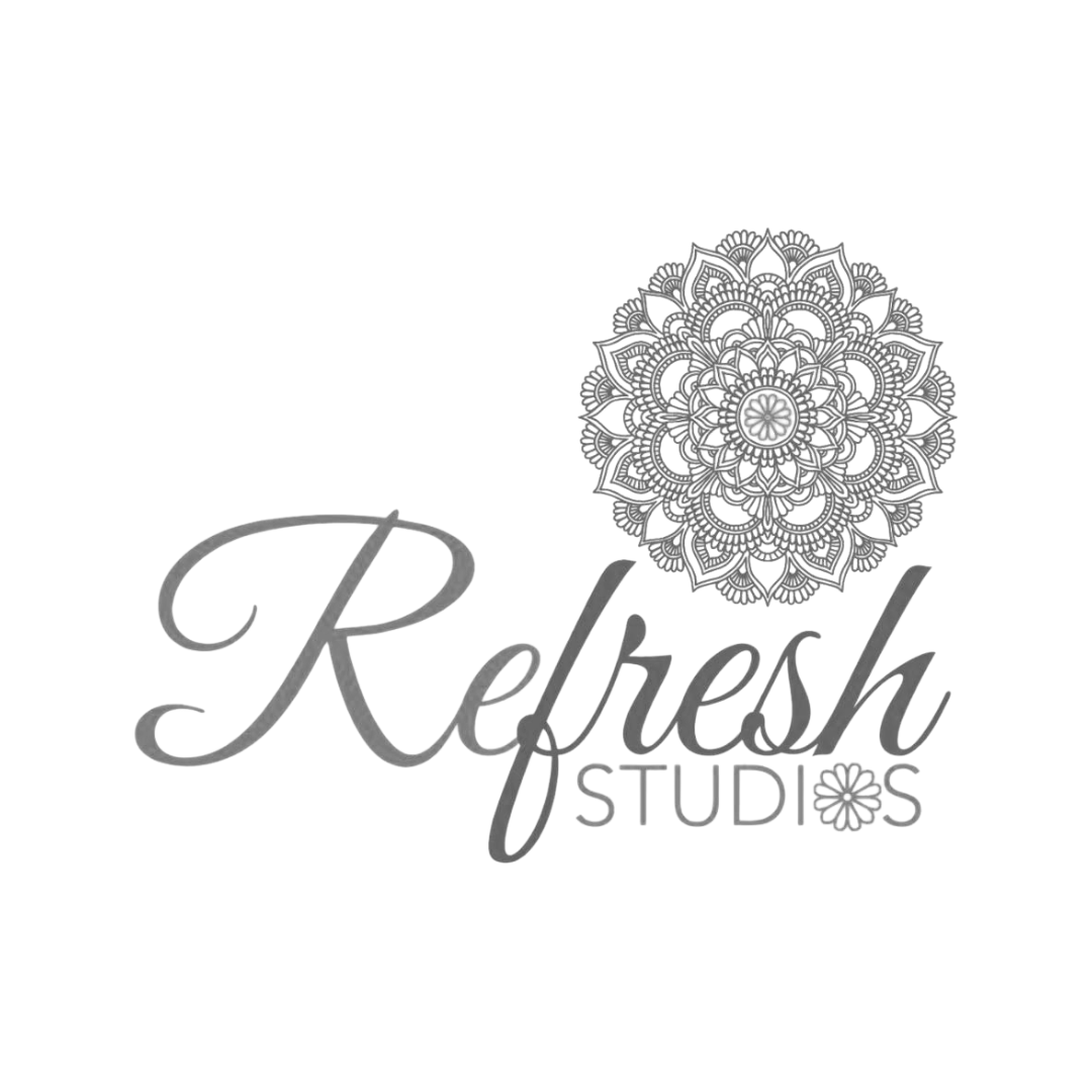 Logo for Refresh Studios featuring a detailed mandala design and elegant cursive text.