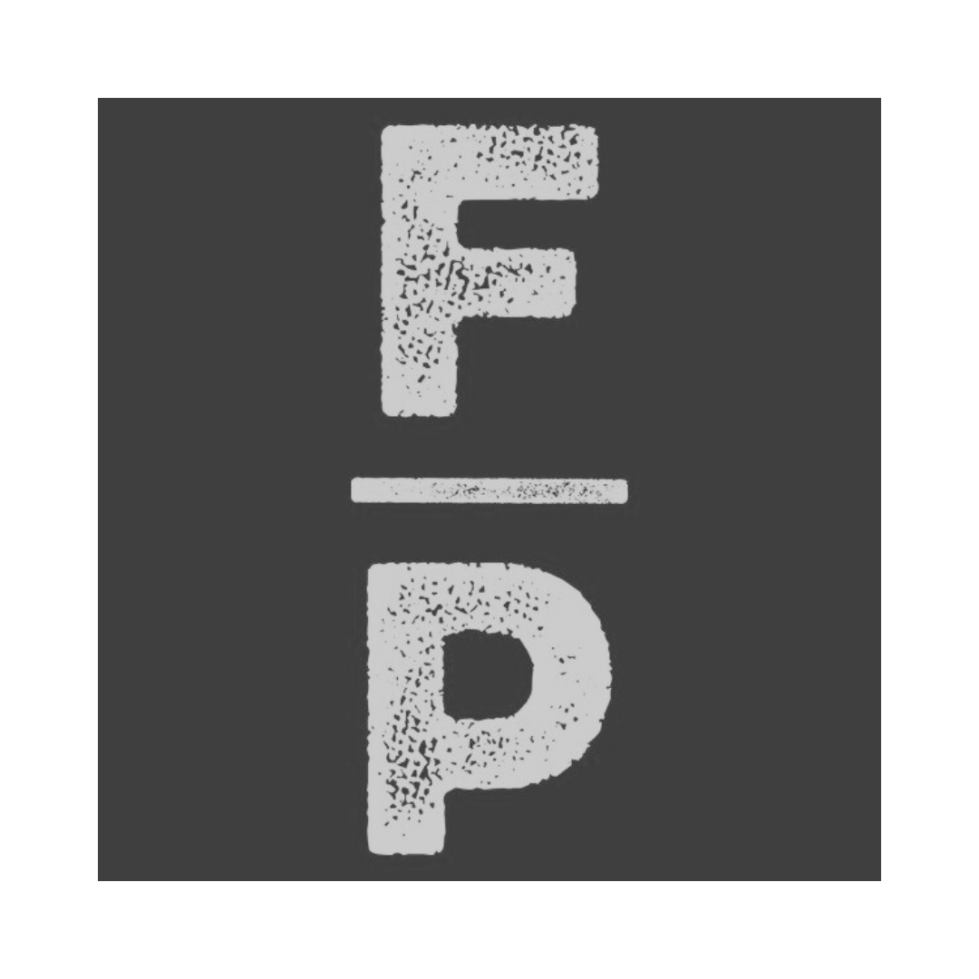 Chalk drawing of the letters 'F' and 'P' separated by a line on a dark background.