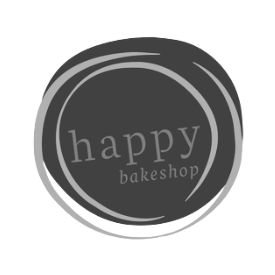 Logo for Happy Bakeshop featuring circular design with the words 'happy bakeshop' in lowercase.