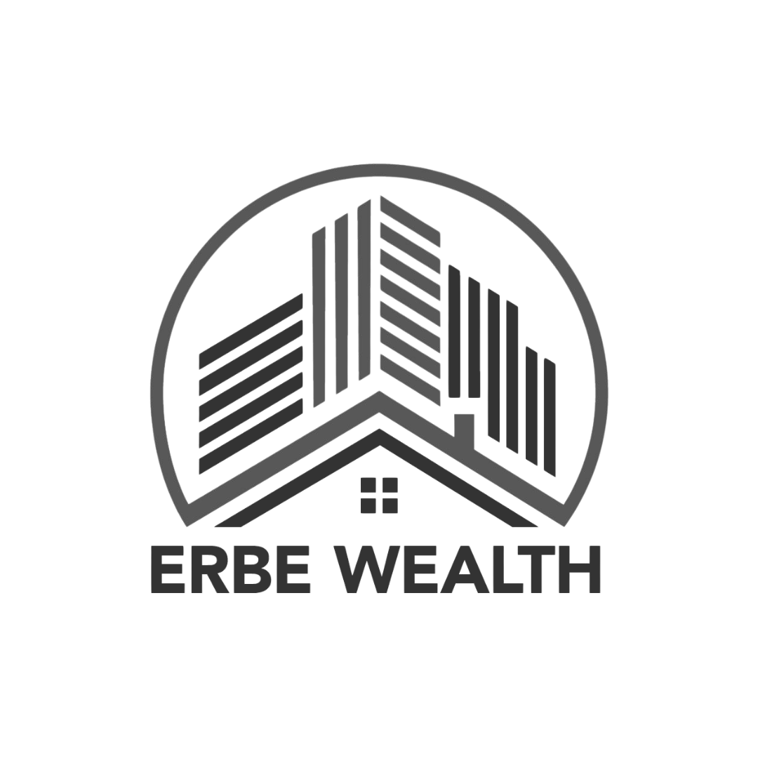 Black and white logo featuring a stylized house with tall buildings in the background and the text "ERBE WEALTH" underneath.