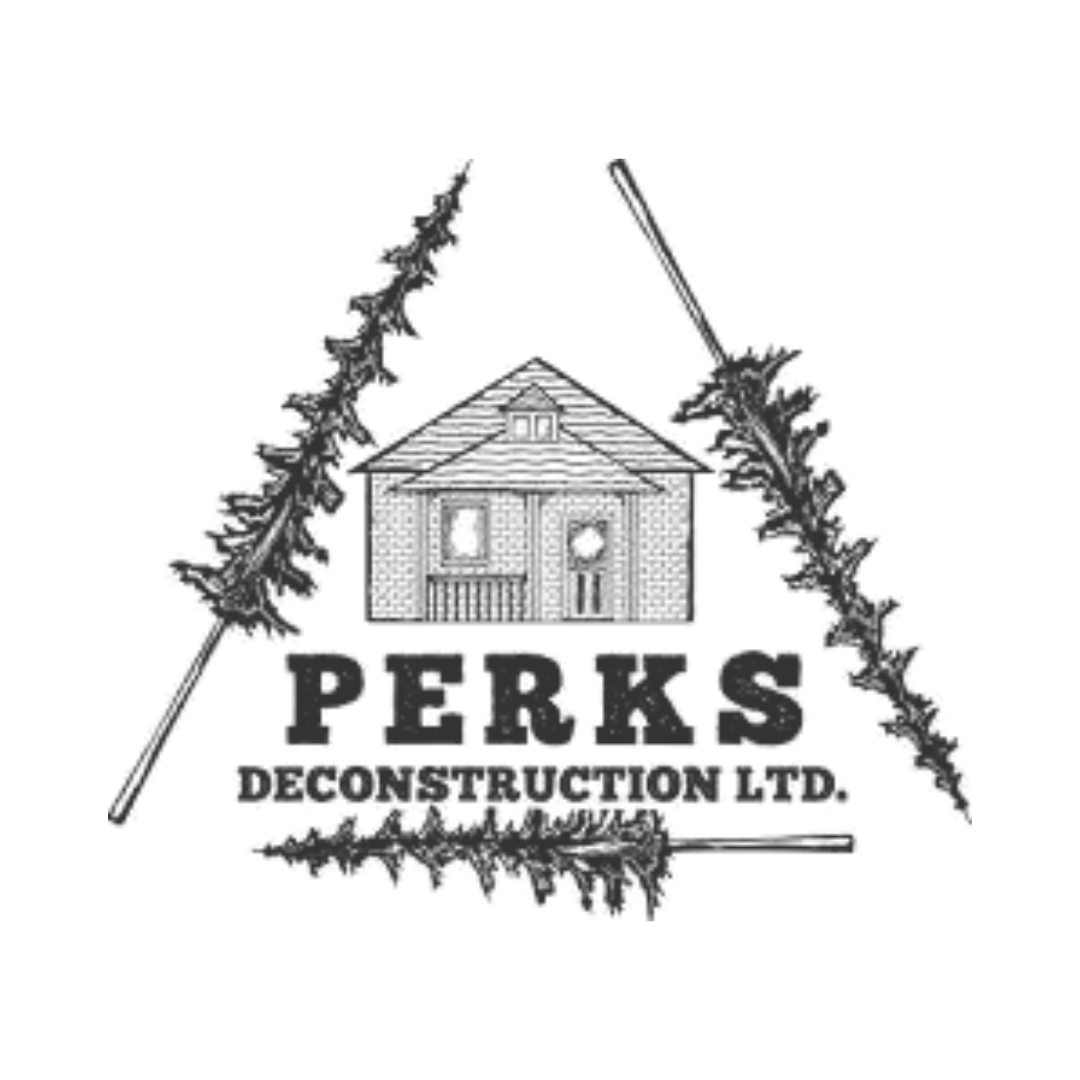 Logo for Perks Deconstruction LTD featuring a small house, construction sticks, and the company name.