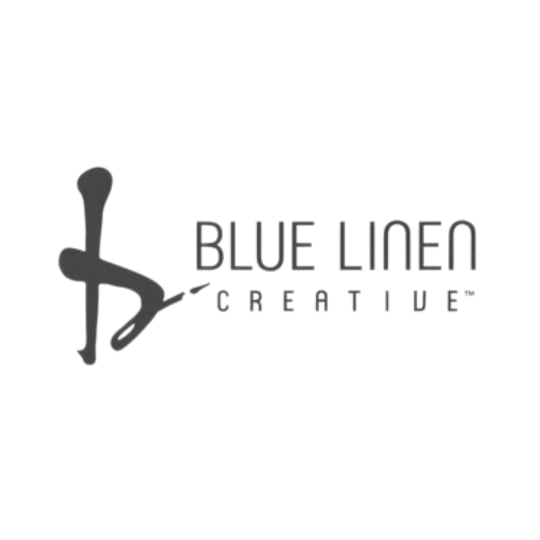 Black and gray logo with a stylized bird design and text that reads 'Blue Linen Creations' on a white background.