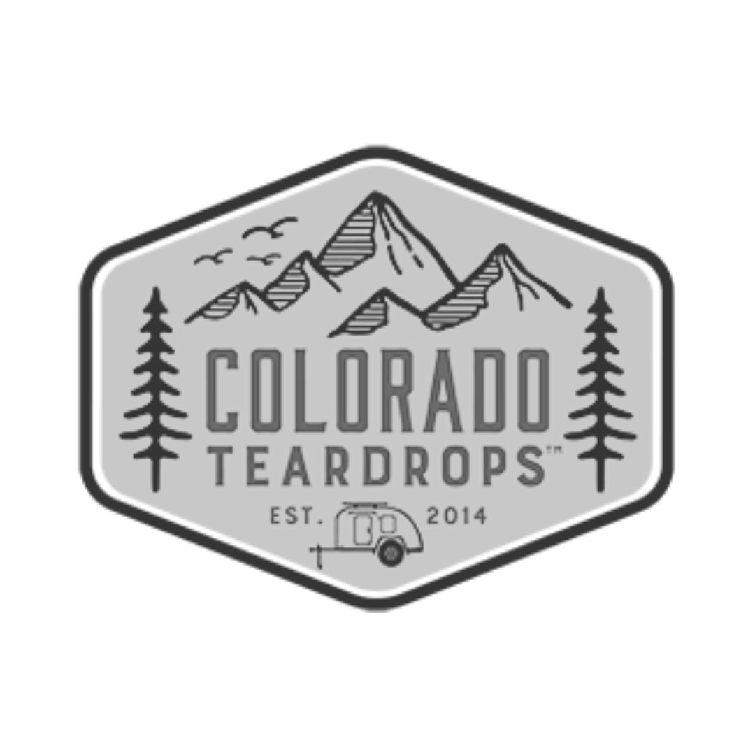 Gray logo with mountain range, pine trees, birds, and a teardrop trailer, reading "Colorado Teardrops" established 2014.