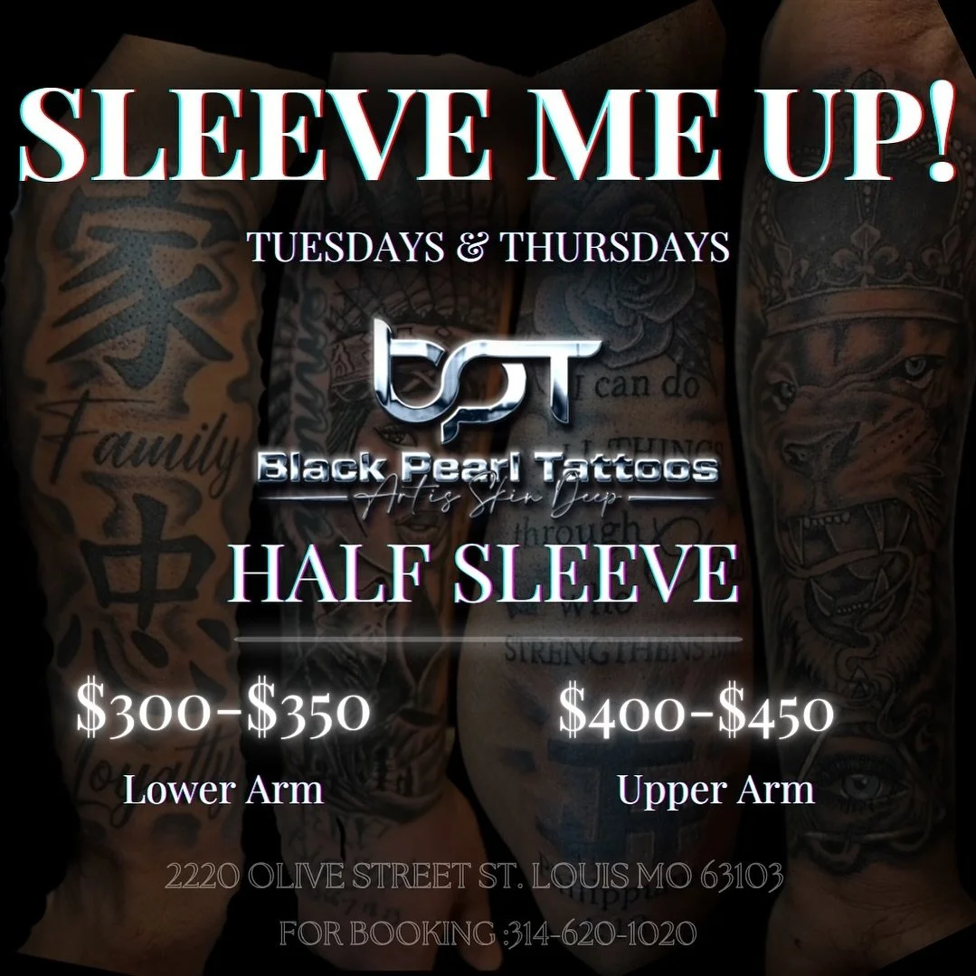 Sleeve me up! ✍🏽 For a limited time: Lower arm half sleeves $300-$350, Upper arm half sleeves $400-$450. 
.
.
.
📆 Tuesdays &amp; Thursdays appointment ONLY! Some designs may require additional cost and must be approved before service. ✅ 

#pearlgal