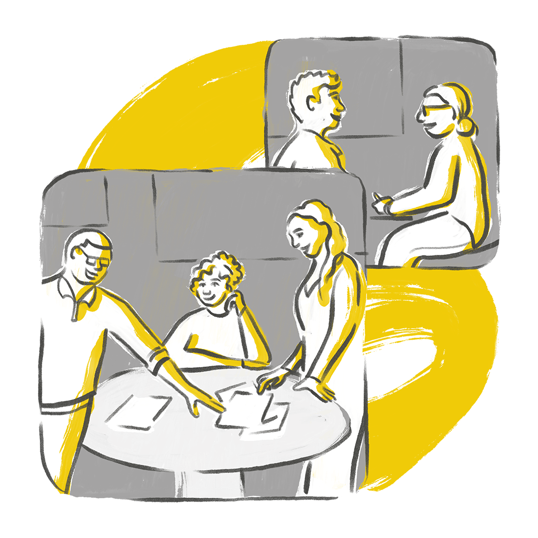 Illustration of five people engaging in conversation and working on a tablet in a collaborative setting, with some seated and others standing.