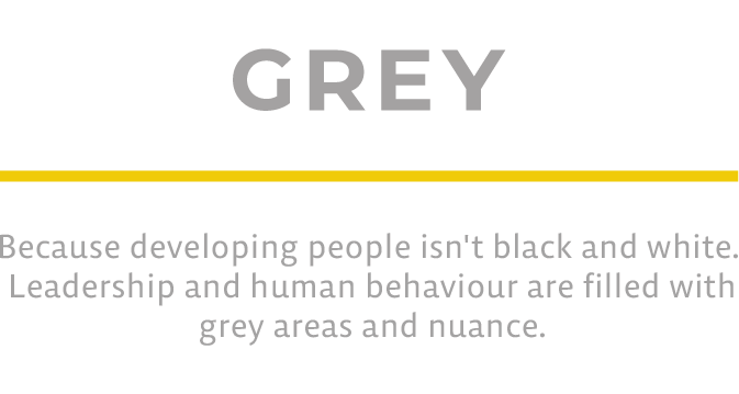 Image with the word 'GREY' in bold gray letters and a yellow line underneath, followed by text explaining that developing people isn't divided into black and white, but involves grey areas and nuance.