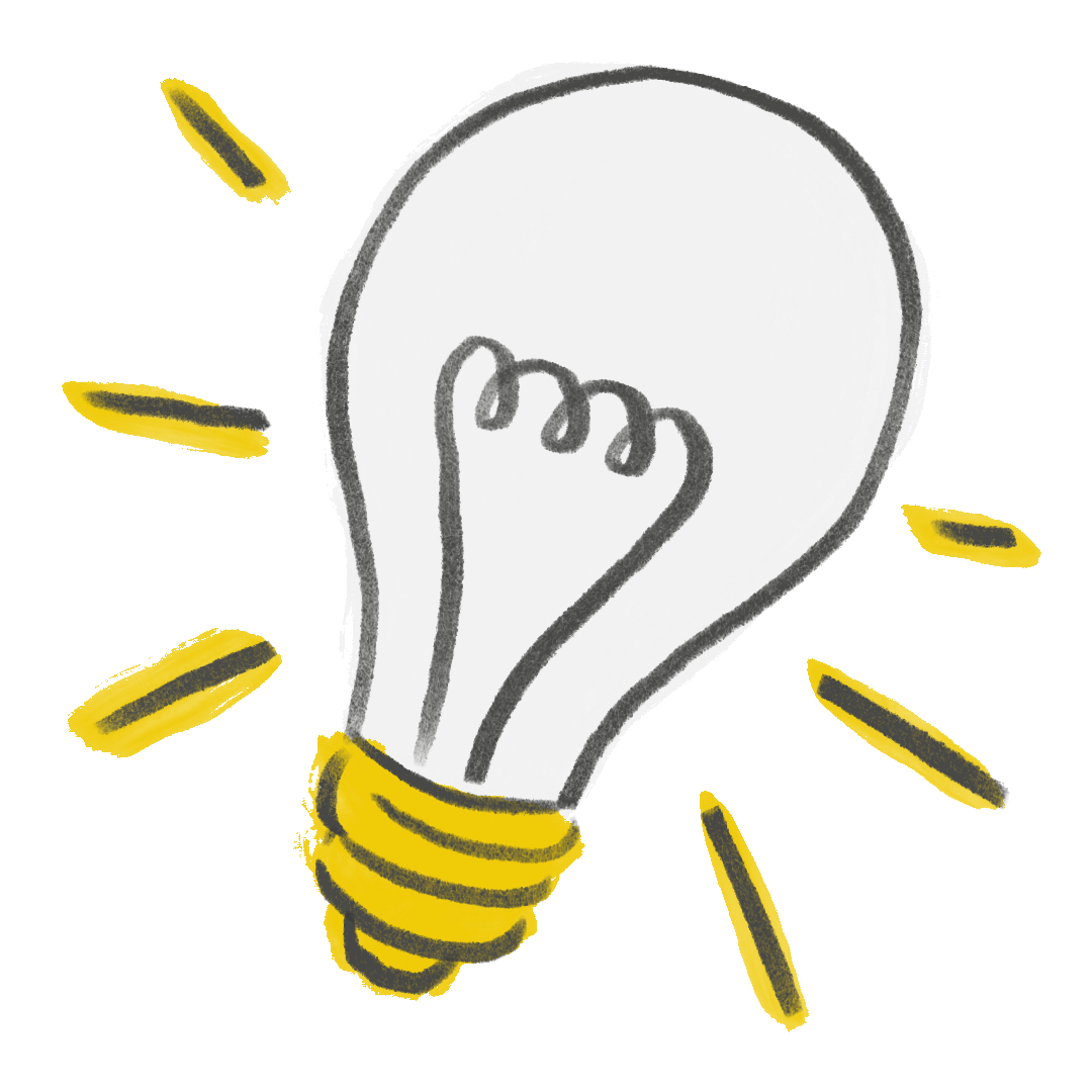 Hand-drawn light bulb with yellow accents and purple background elements