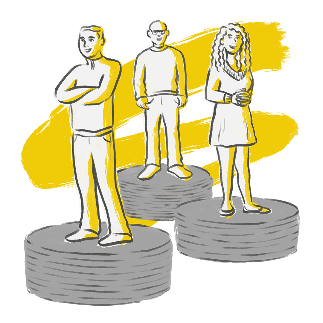 Illustration of three people standing on podiums, with one person on each tier, representing a winners' medal ceremony.