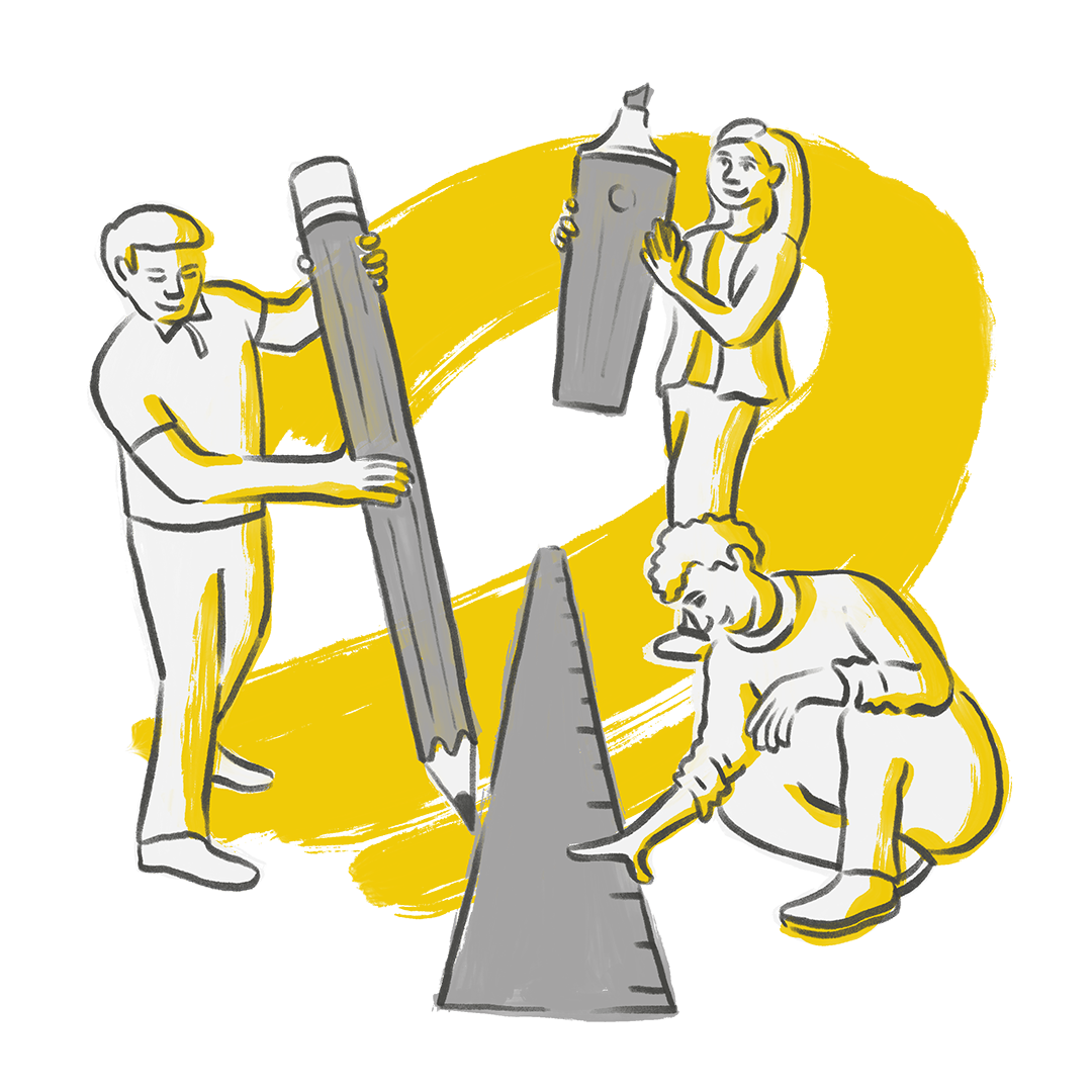 Illustration of three people using giant colored pencils for drawing on surfaces.