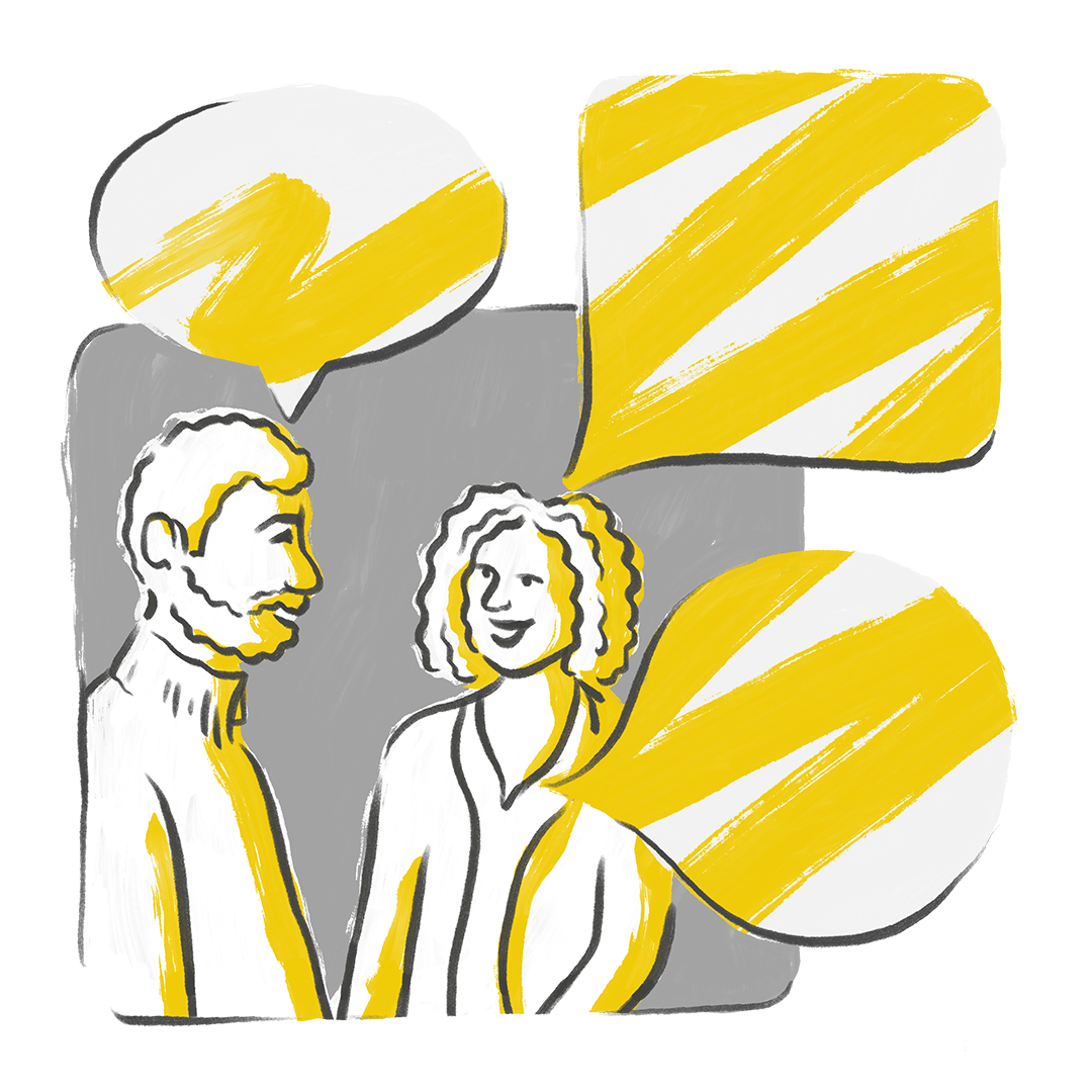 A black and white sketch of a man and a woman talking, with yellow and white striped speech bubbles above them.
