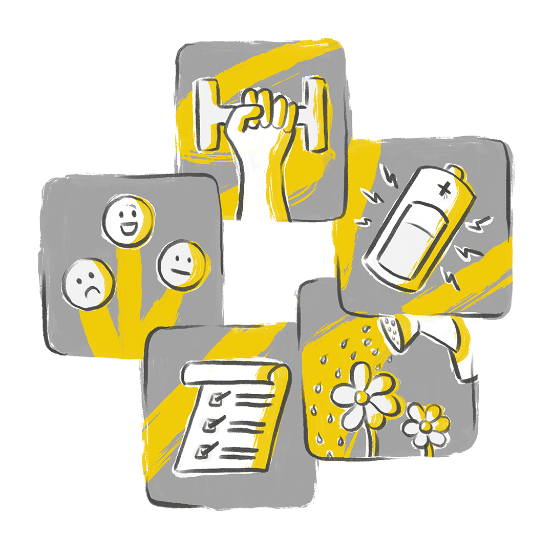 Illustration of various objects: a hand pulling a door handle, a mood meter with happy, neutral, and sad faces, a battery with electrical sparks, a cleaning spray bottle, a checklists, and a flower pot with blooming flowers, using a color scheme of yellow, gray, and white.