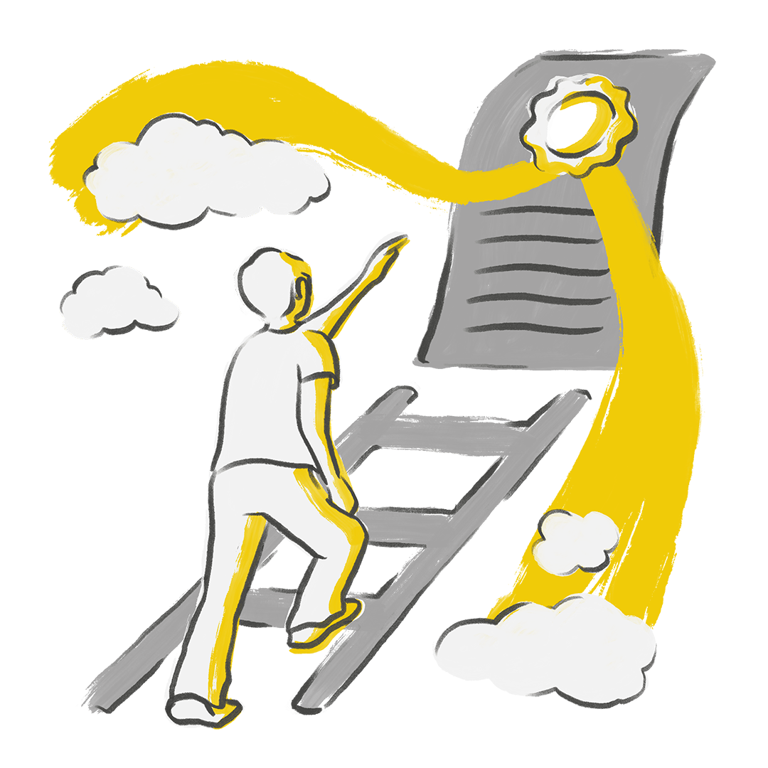 A person climbing an escalator that appears to be floating in the sky, surrounded by clouds, with a bright sun in the background.