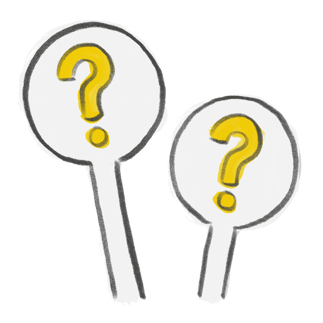 Two speech bubbles with yellow question marks, sketch style.