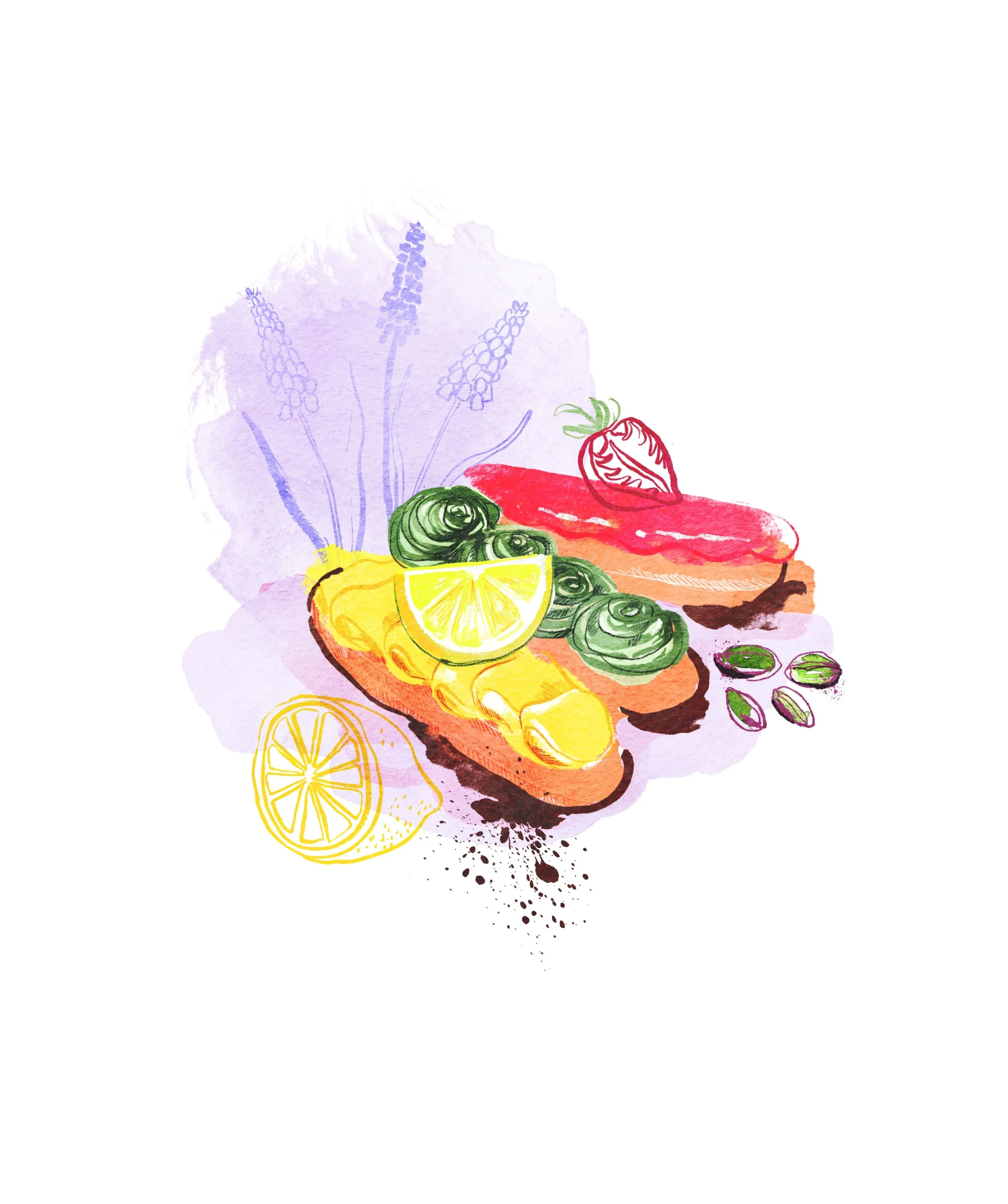 Aquarellillustration von drei Eclairs mit pinker Creme und Erdbeere, grüner Creme und Pistazien und gelber Creme und Zitrone – Aquarell und digitale Zeichnung. Die Illustration wurde als freie Arbeit in einem Fortbildungsworkshop erstellt. Sie gehört