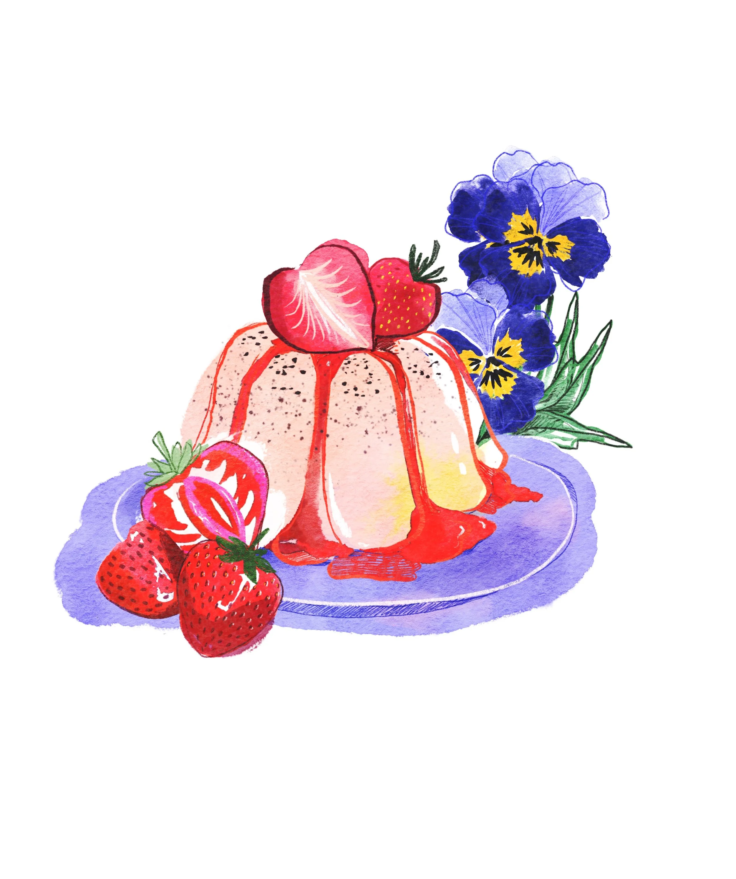 Aquarellillustration von einem Panna Cotta Dessert mit Erdbeeren und Stiefmütterchen – Aquarell und digitale Zeichnung. Die Illustration wurde als freie Arbeit in einem Fortbildungsworkshop erstellt. Sie gehört in die Kategorie Foodillustration.