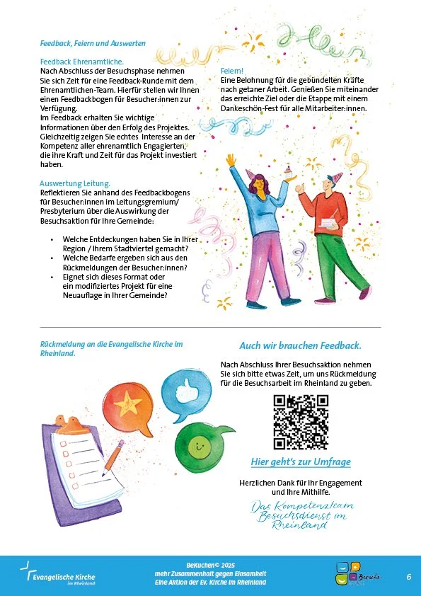 Layoutseite des Projektguides des Besuchsdienstes der evangelischen Kirche im Rheinland mit eingefügten Illustrationen.