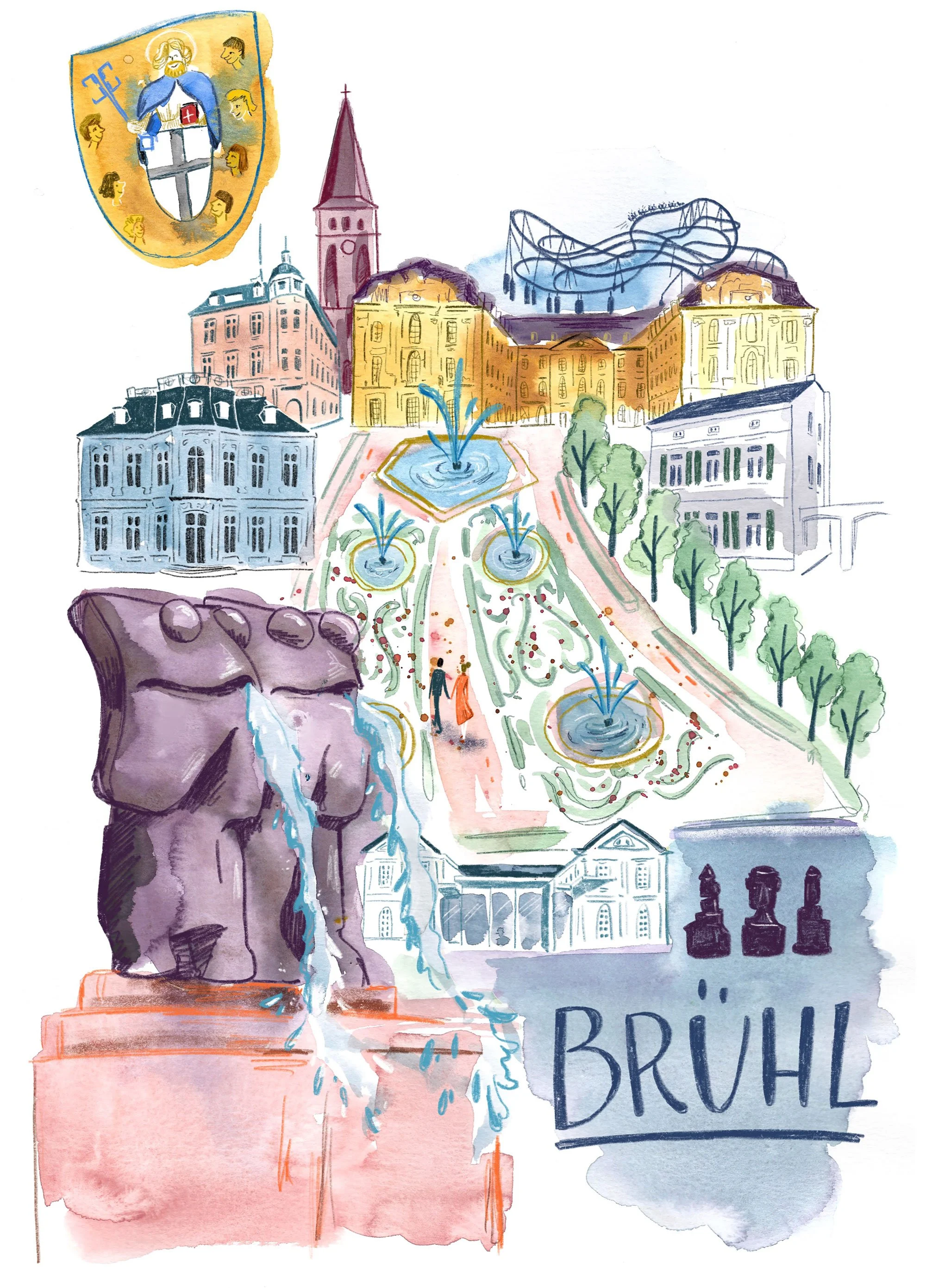 Mixed Media Stadtcollage der Stadt Brühl. Die Illustration wurde als Postkartenmotiv für die Tourismusinformation gestaltet, und zeigt die touristischen Highlights wie das Max Ernst Museum und Schlösser. Sie gehört in die Kategorie Tourismus.