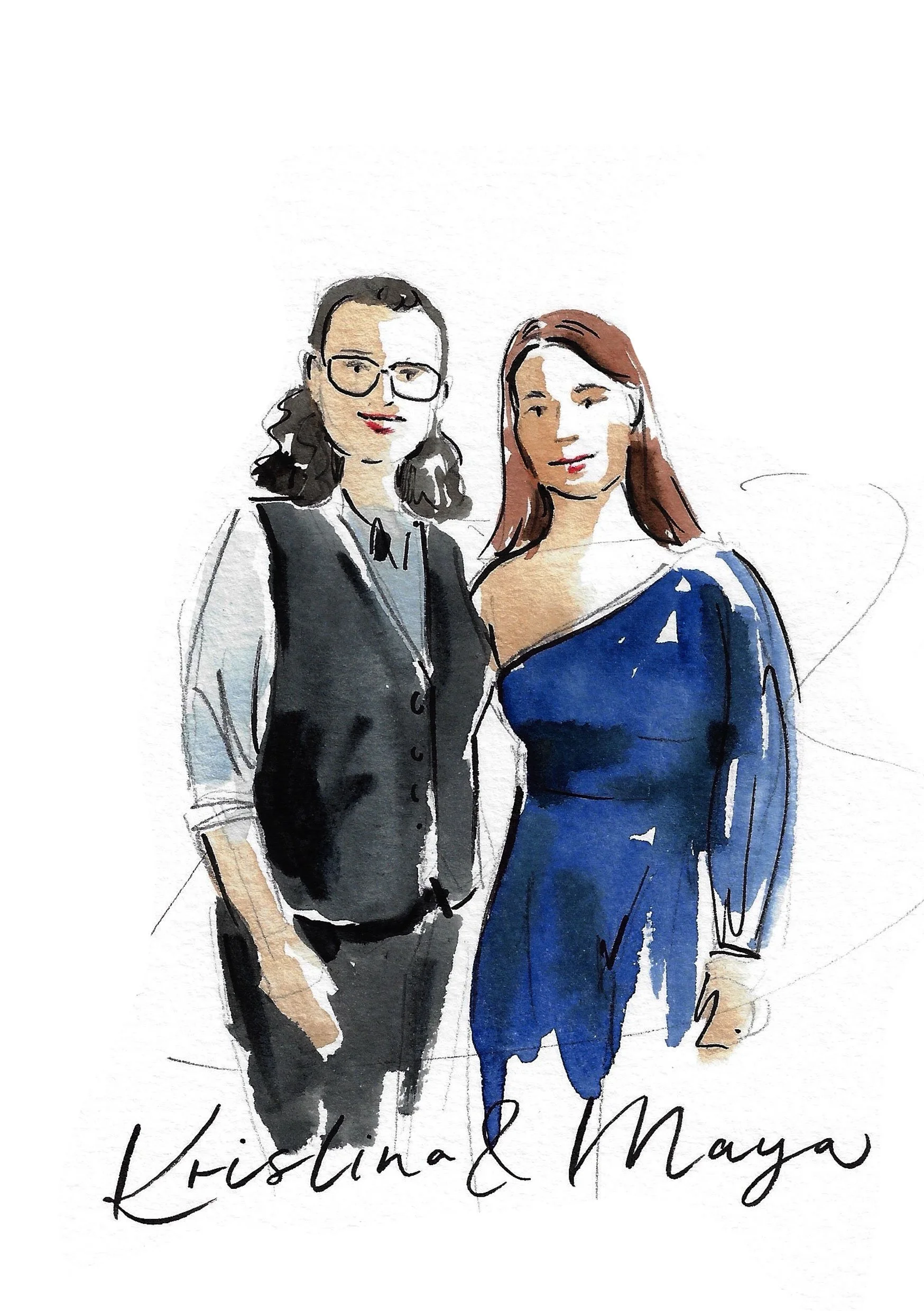 Watercolor illustration of a couple, one lady in a shirt and vest, the second lady in a blue asymmetrical dress