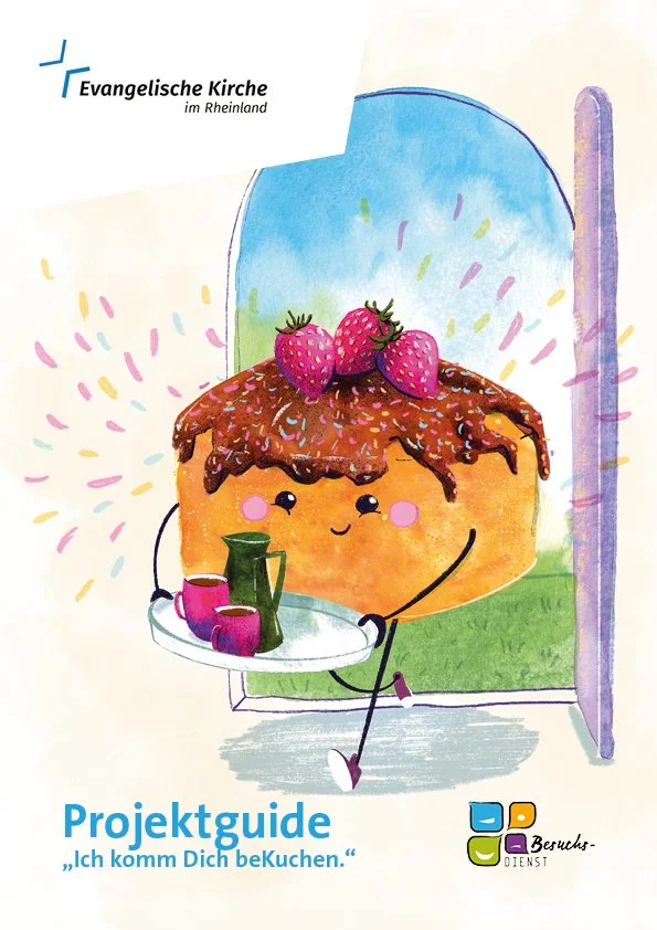 Titelbild Projektguide der Evangelischen Kirche im Rheinland, zeigt einen Kuchen mit Gesicht der mit einem Kaffeetablett die Haustür hereinkommt. Illustration in Mixed Media. Ein Genderneutraler Charakter, der zeigt dass jeder sich im Besuchsdienst e