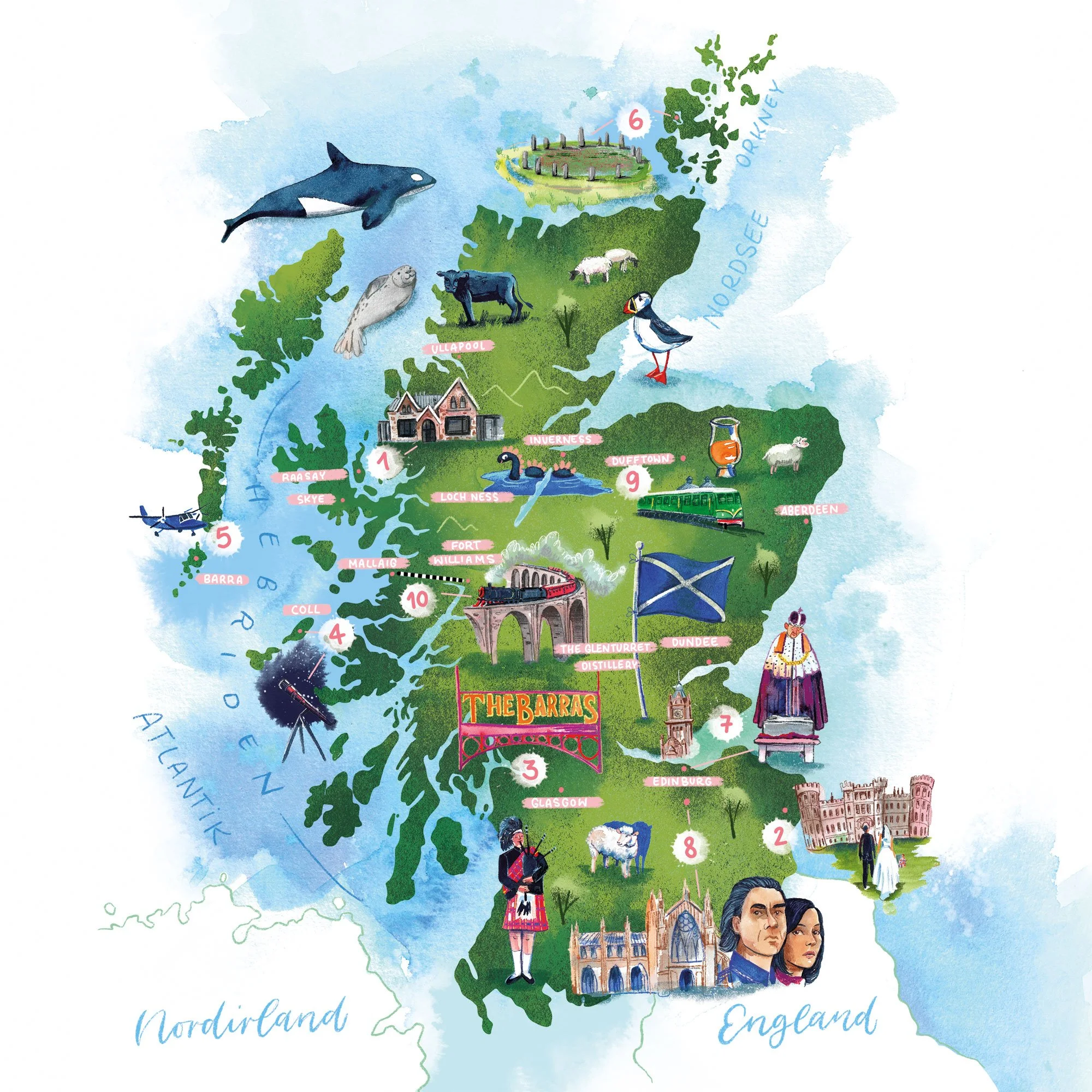 Illustrierte Landkarte mit Tourismushighlights in Schottland – Aquarell und digitale Collage. Die Illustration zeigt als Löffelliste die Highlights, die man in einer Schottland Rundreise machen sollte. Sie gehört in die Kategorie Editorial Illustrati