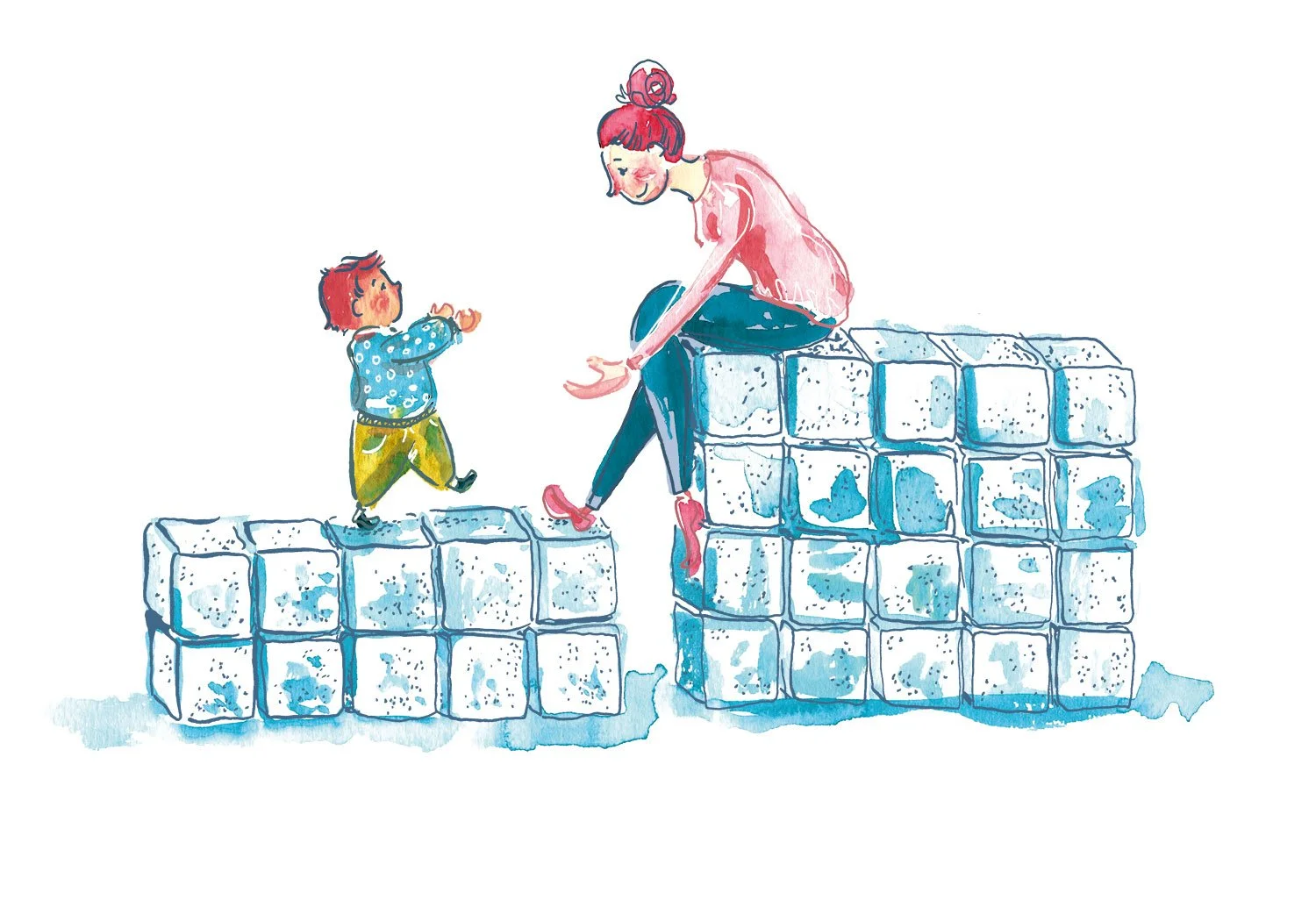 Eine konzeptuelle Illustration, die zeigt wieviel Zucker ein Kind im Vergleich zum Erwachsenen zu sich nehmen sollte – Aquarell und digitale Collage. Die Illustration wurde für die Infoseite "Süße Welten" des Eltern Magazins erstellt. Sie gehört in d