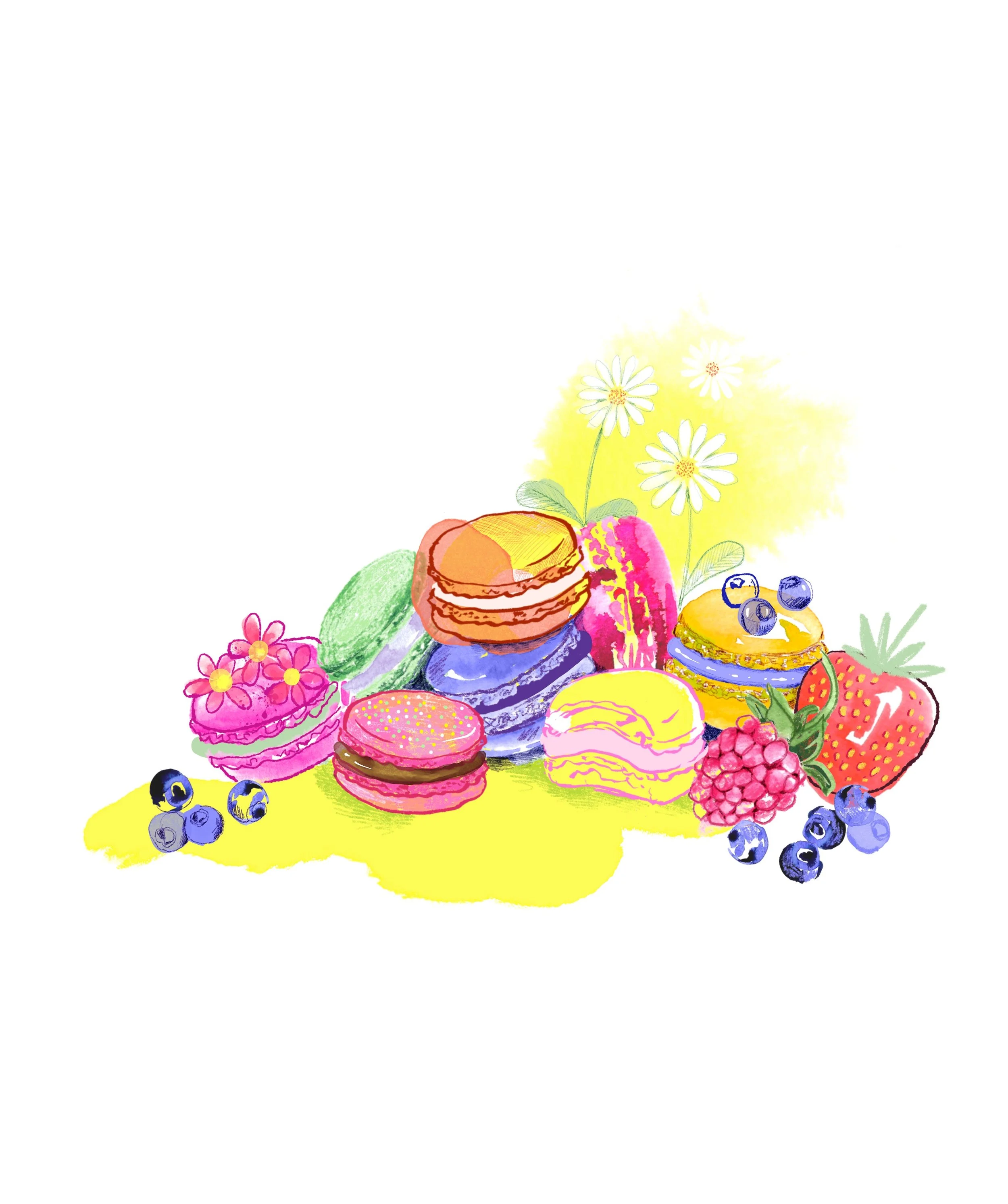 Aquarellillustration von bunten Macarons mit dekoriert mit Blumen und Früchten. Die Illustration wurde als freie Arbeit in einem Fortbildungsworkshop erstellt. Sie gehört in die Kategorie Foodillustration.