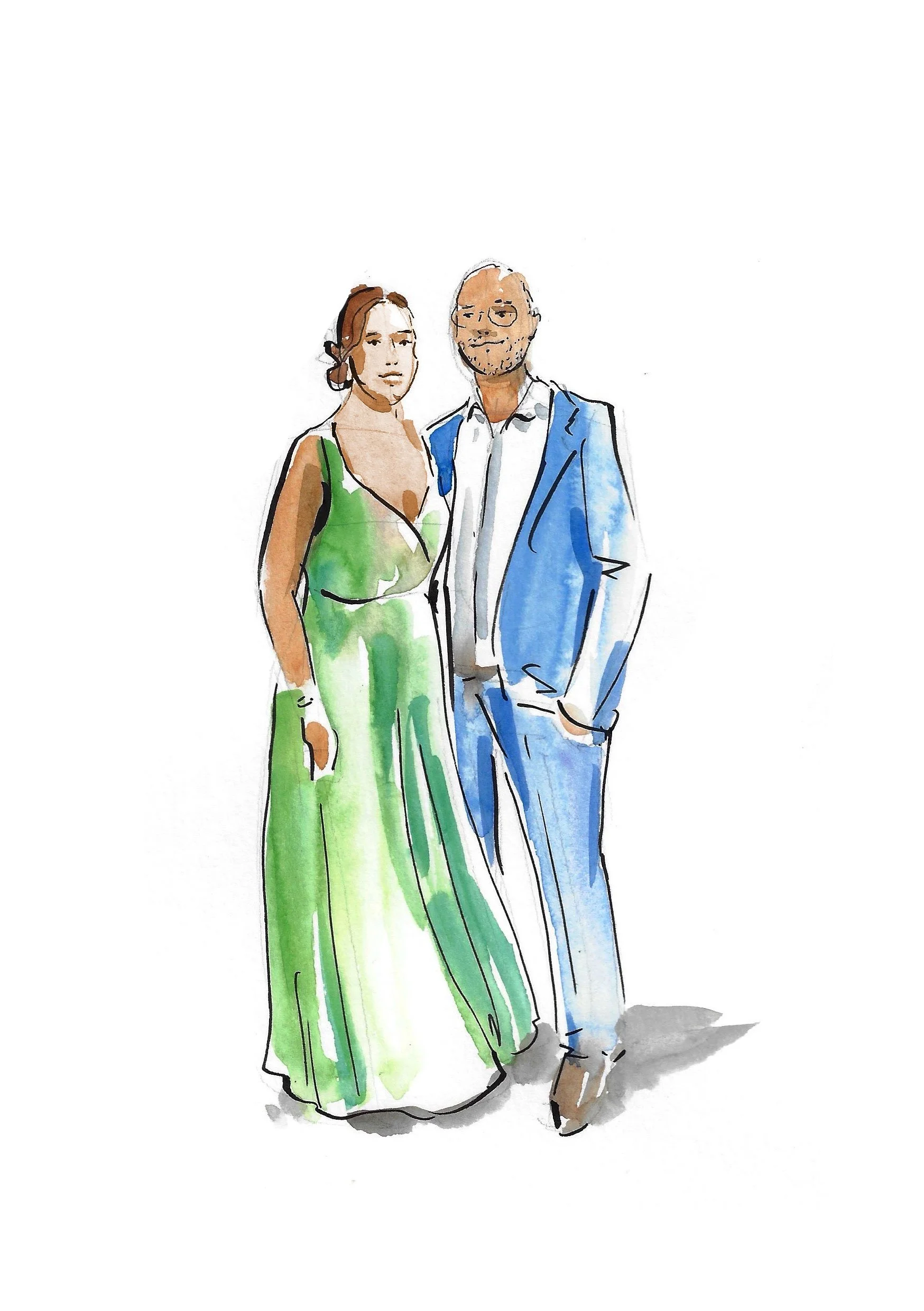 Watercolor illustration of a couple in a green dress and blue suit 