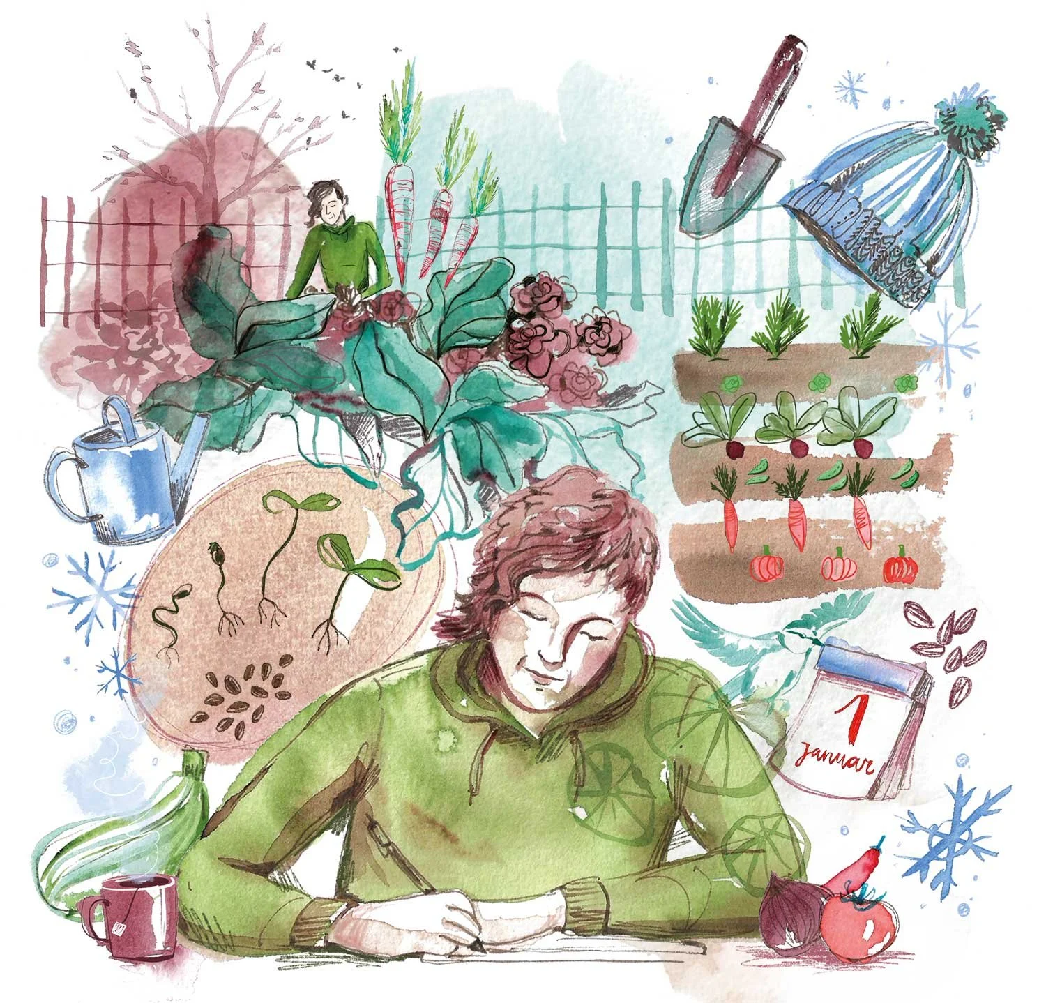 Aquaurellillustration einer Frau, die ihren Biogarten für das nächste Jahr plant. Die Collageartige Illustrationen zeigt ihre To Do's und Elemente für den Winter. – Entstanden als digitale Collage mit Aquarellelementen. Die Illustration wurde für da