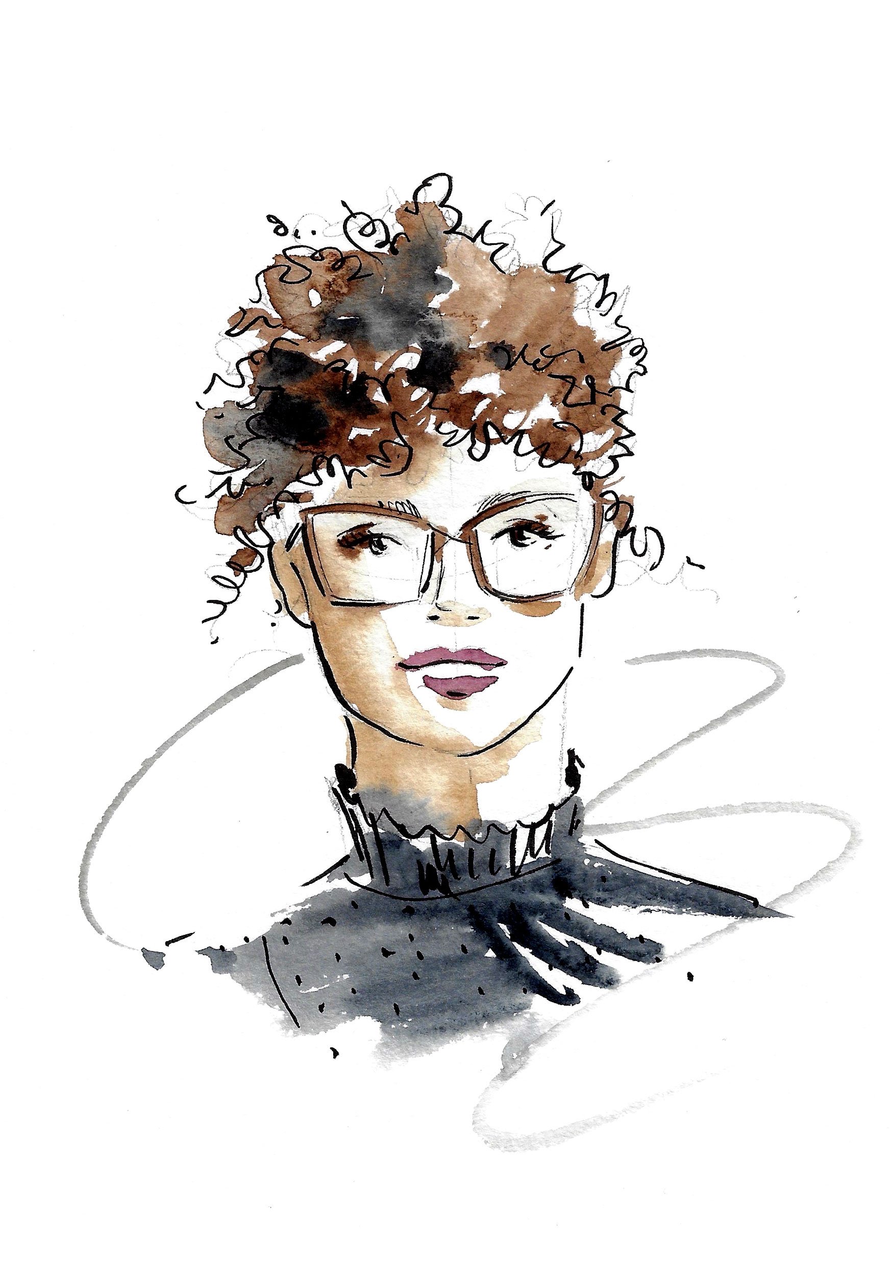 Watercolor fashion illustration of a woman with glasses 