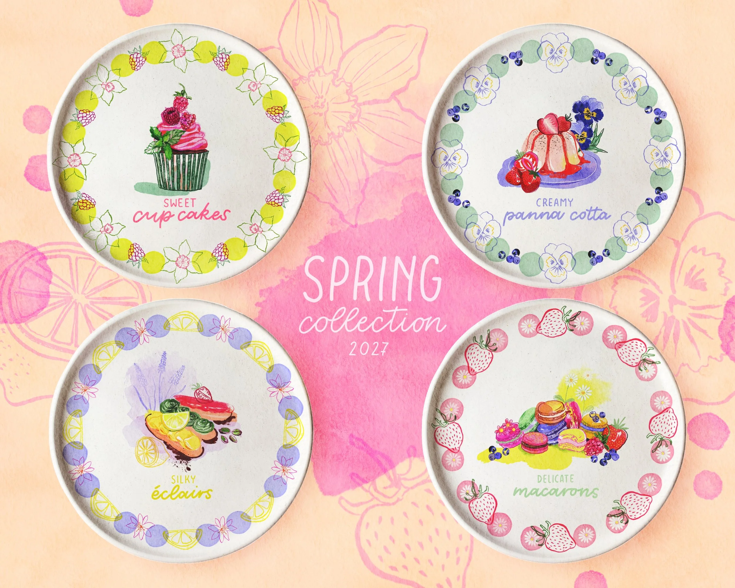 Aquarellillustration von vier Designs für Dessertteller. Die Teller haben je ein Hauotmotiv: Ein Himbeer Cupcake, ein Panna Cotta Dessert, Macarons und Eclairs. Erstellt als Frühlingshaftes Design mit Desserts und Blumen – Aquarell und digitale Zeich