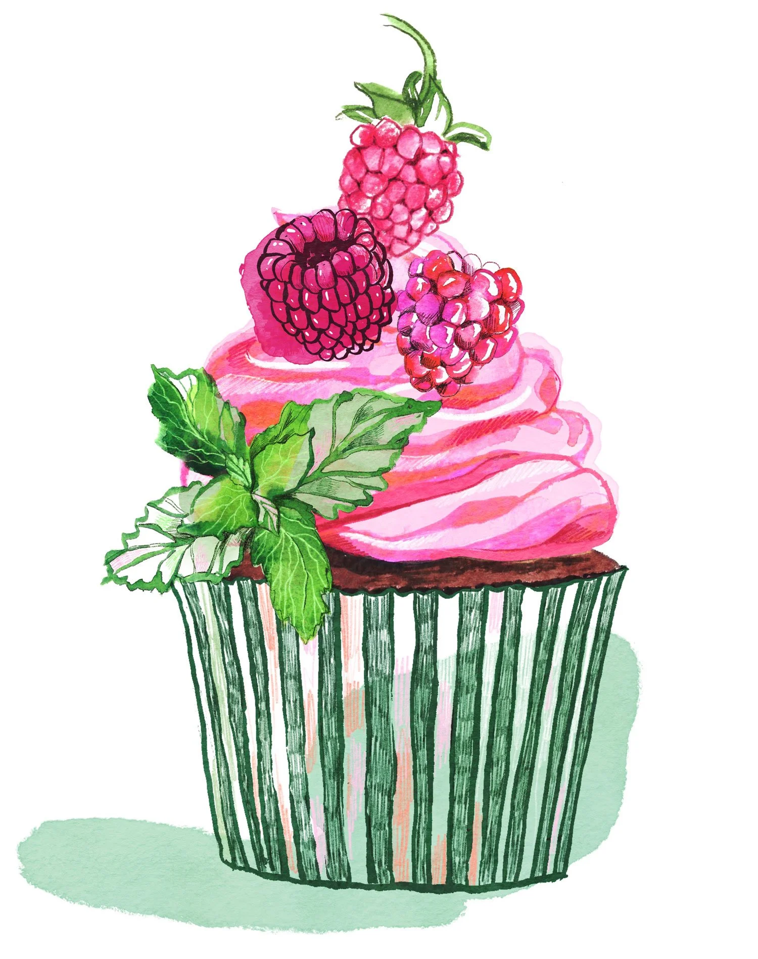 Aquarellillustration von einem Cupcake mit pinker Creme, Himbeeren und Minze – Aquarell und digitale Zeichnung. Die Illustration wurde als freie Arbeit in einem Fortbildungsworkshop erstellt. Sie gehört in die Kategorie Foodillustration.