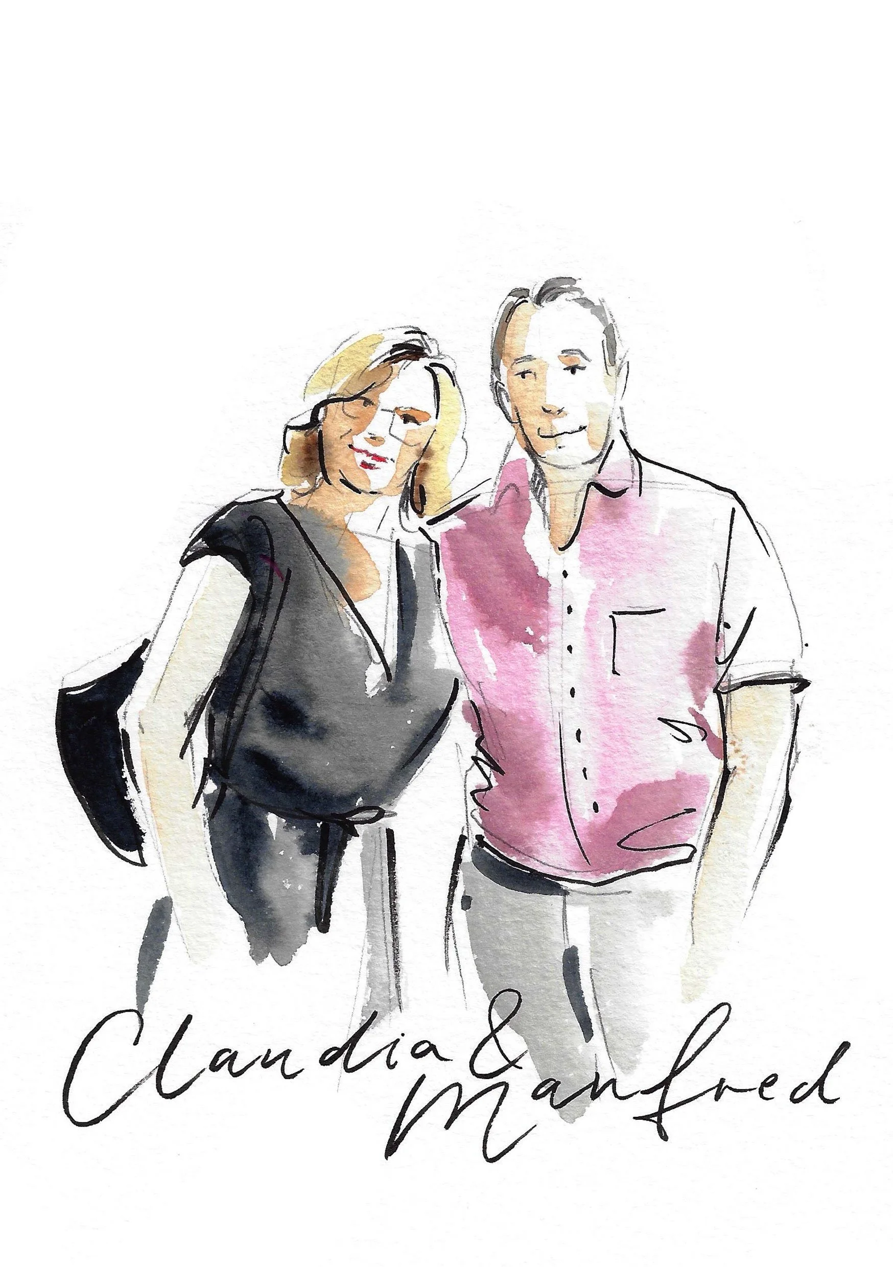 Watercolor illustration of a couple. The lady in a white dress and the gentleman in a pink shirt
