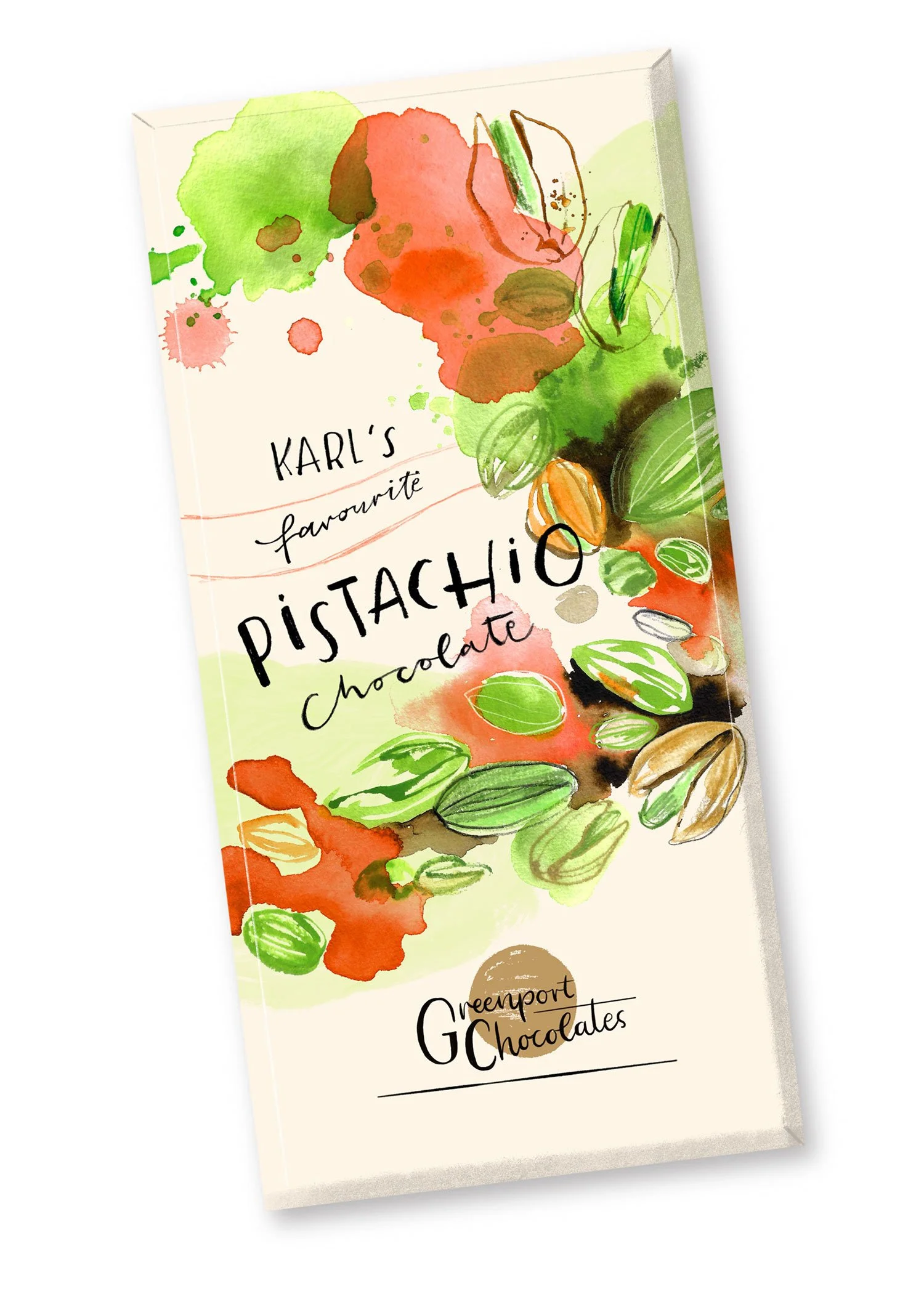 Vorderseite eines Schokoladen Package Designs – Mixed Media. Die Illustration wurde als freie Arbeit in einem Workshop erstellt und zeigt Handlettering in Kombination mit Illustrationen für eine Pistazien Schokolade. Sie gehört in die Kategorie Pack