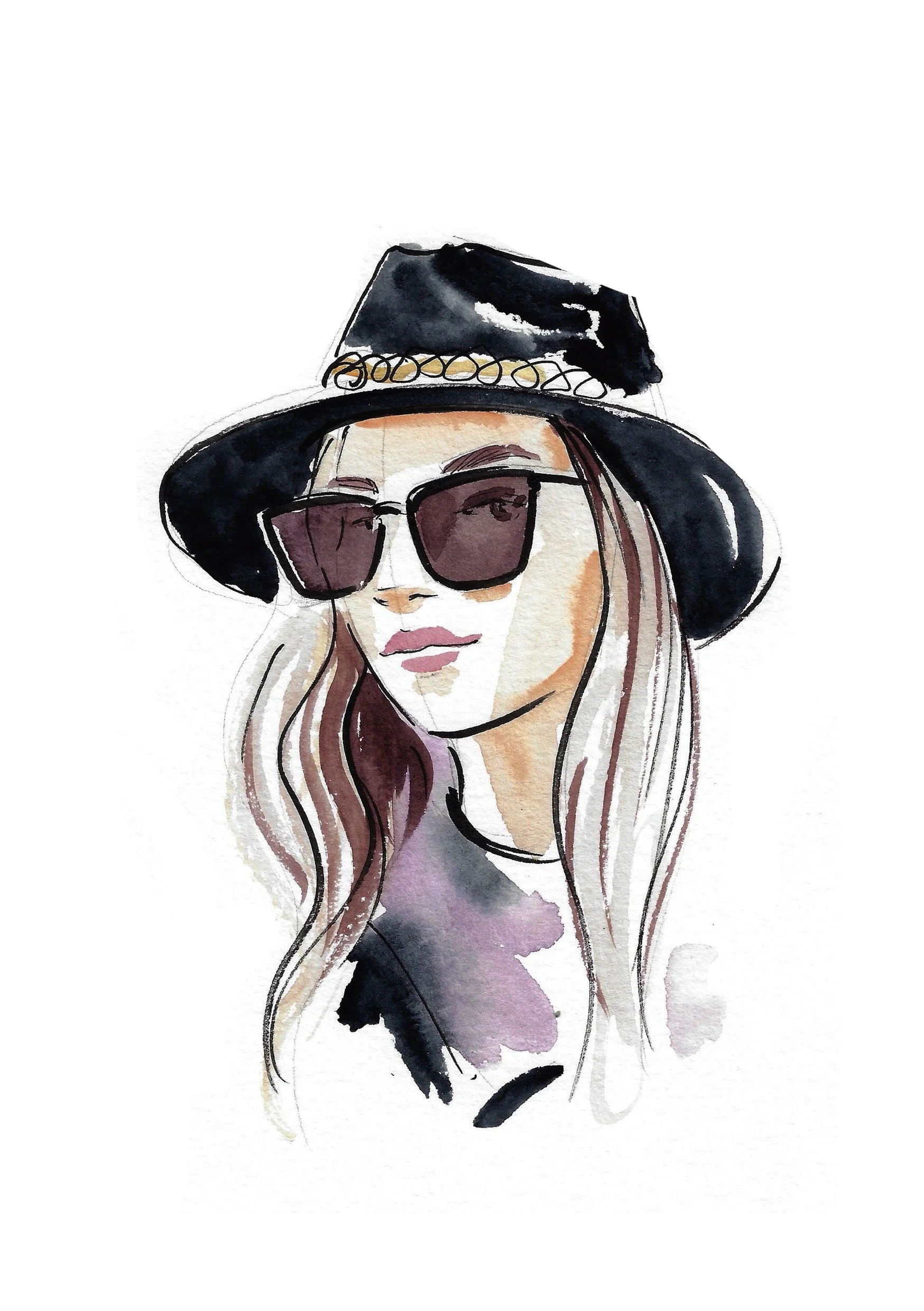 Fashion illustration of a woman with sunglasses and a hat