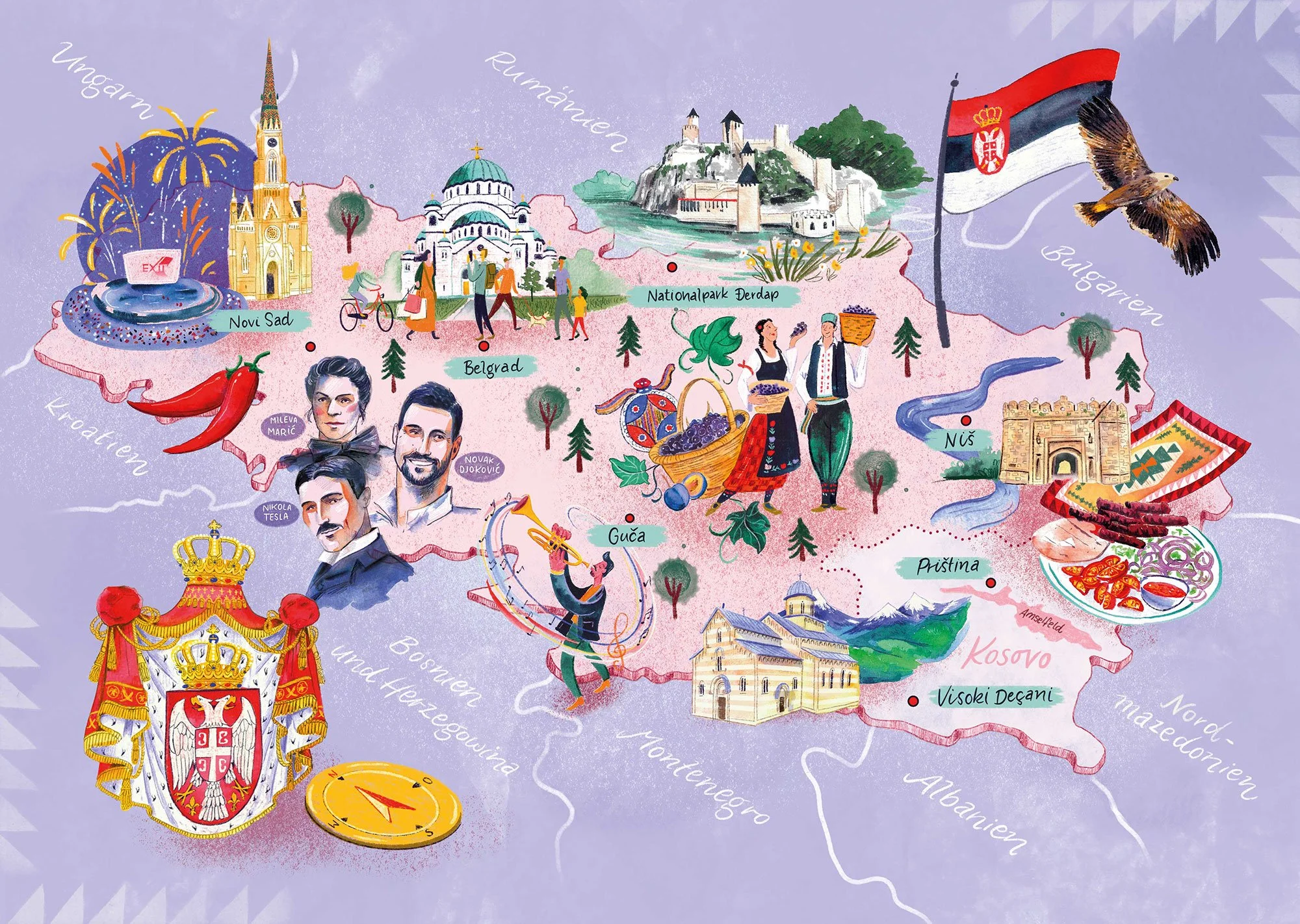 Illustrierte Landkarte mit Tourismushighlights in Serbien – Aquarell und digitale Collage. Die Illustration zeigt die Highlights, die man in einer Serbien Rundreise machen sollte, von Natur, Kultur und Essen. Sie gehört in die Kategorie Editorial Ill