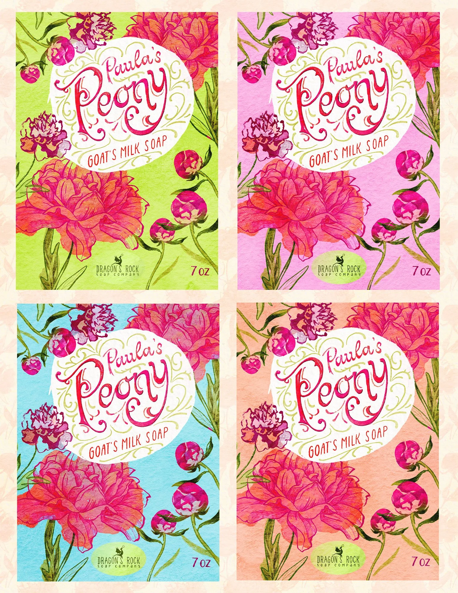 Fiktives Package Design für ein Seifenstück – Mixed Media- Die Illustration wurde für einen Workshop angefertigt, und zeigt die Farbvarianten eines bunten und blumigen Designs mit Handlettering zu einer "Pfingstrosen Ziegenmilch Seife". Sie gehört i