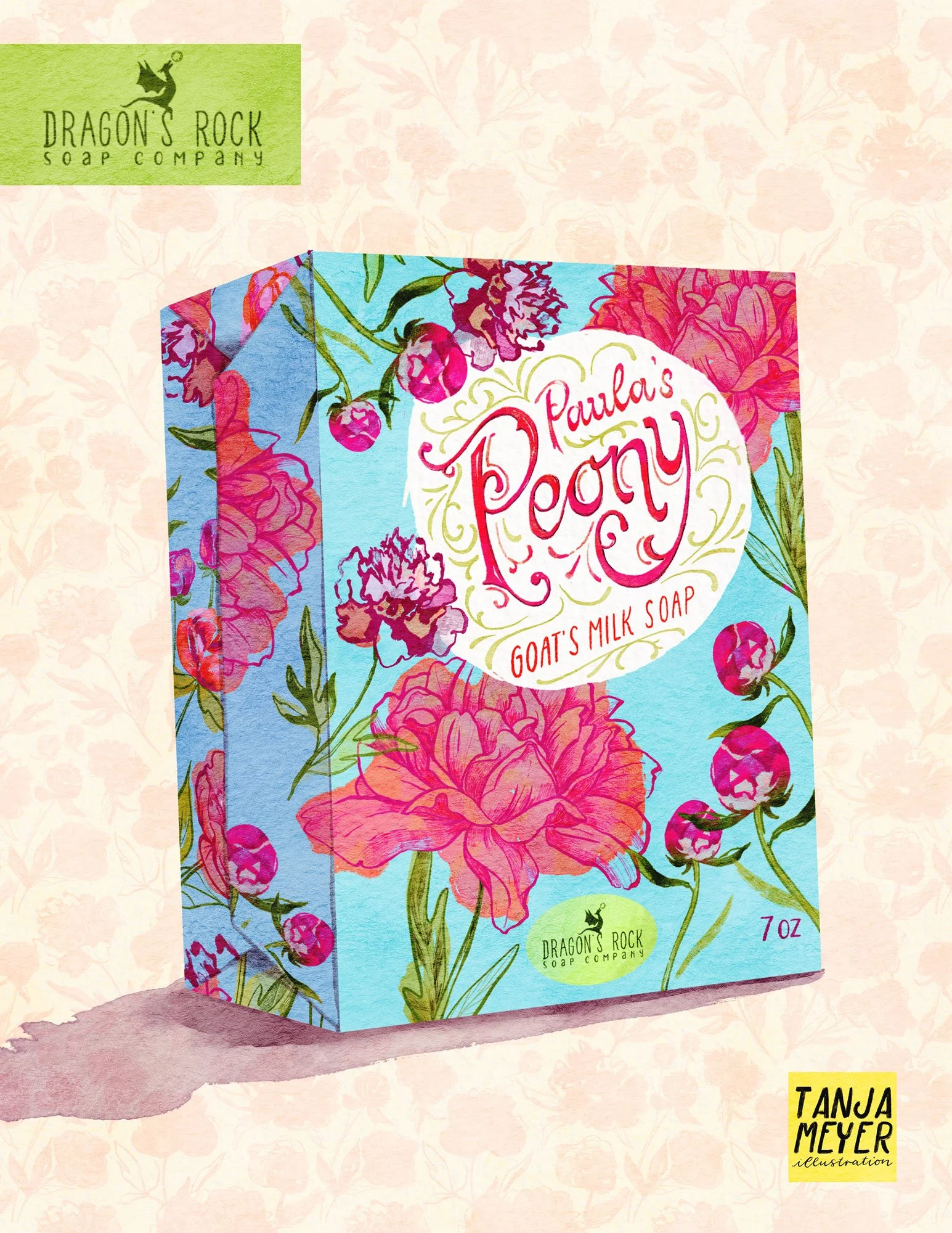 Fiktives Package Design für ein Seifenstück – Mixed Media- Die Illustration wurde für einen Workshop angefertigt, und zeigt ein buntes und blumiges Design mit Handlettering zu einer "Pfingstrosen Ziegenmilch Seife". Sie gehört in die Kategorien Packa