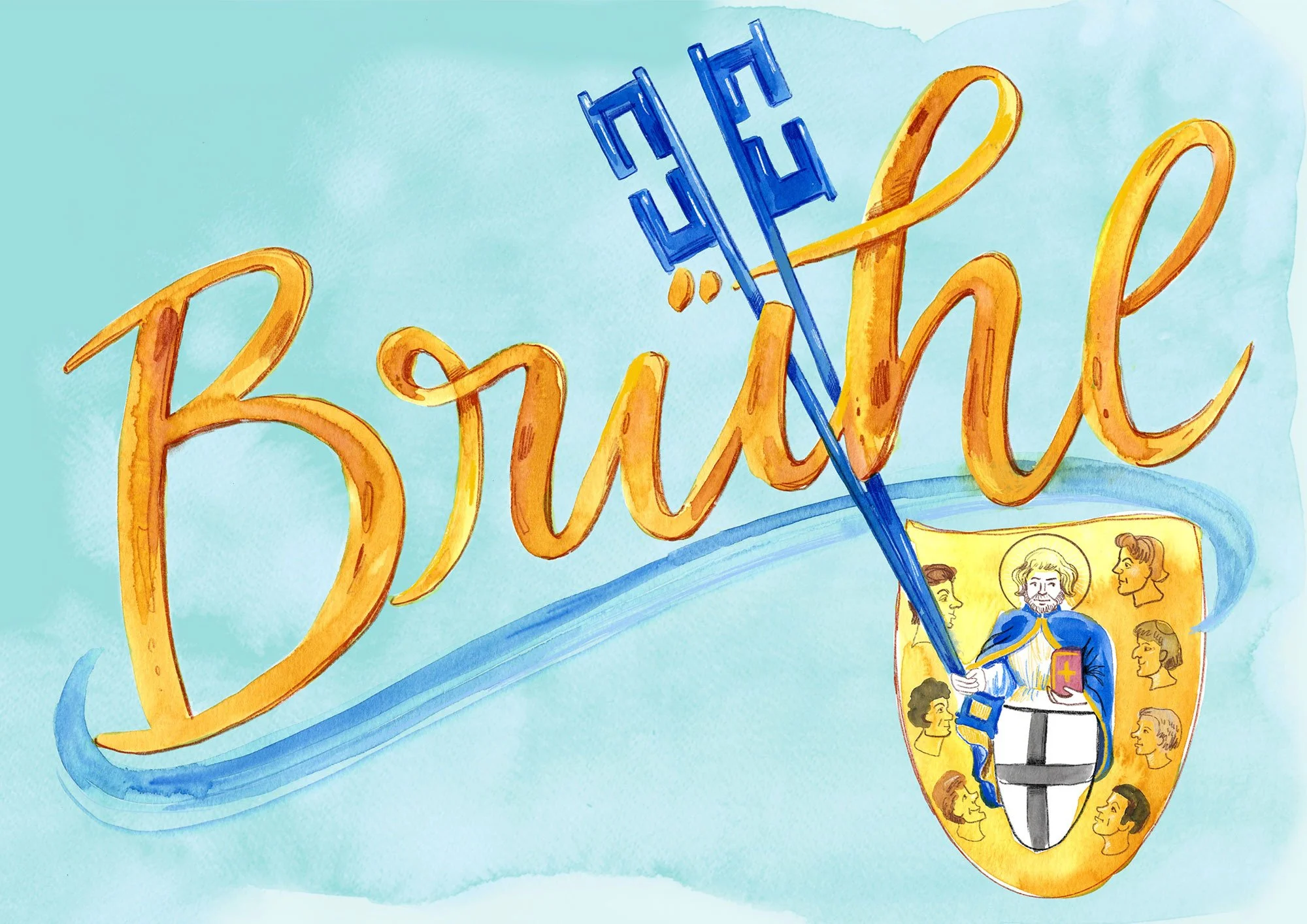 Schriftzug mit Schlüssel und Wappen der Stadt Brühl. Die Illustration wurde als Postkartenmotiv für die Tourismusinformation gestaltet, und gehört in die Kategorie Tourismus.