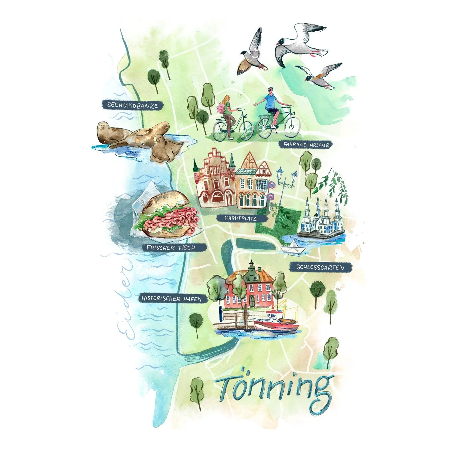 Illustrierte Landkarte mit Tourismushighlights in Tönning – Aquarell und digitale Collage. Die Illustration zeigt die Highlights, die man bei einem Besuch in Tönning mitmehmen sollte. Sie gehört in die Kategorie Editorial Illustrationen und Tourismus