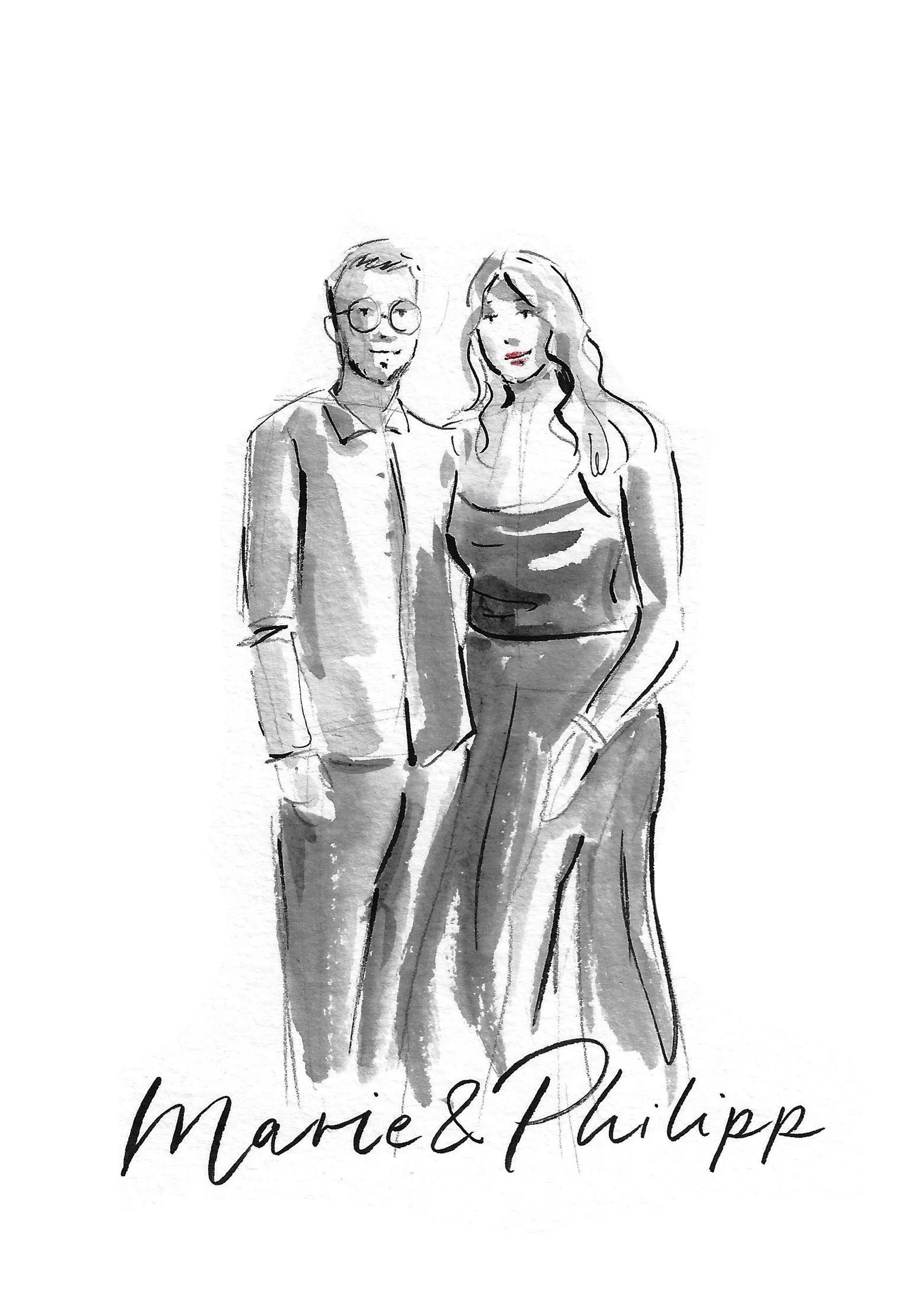 Black and white watercolor illustration of a couple 