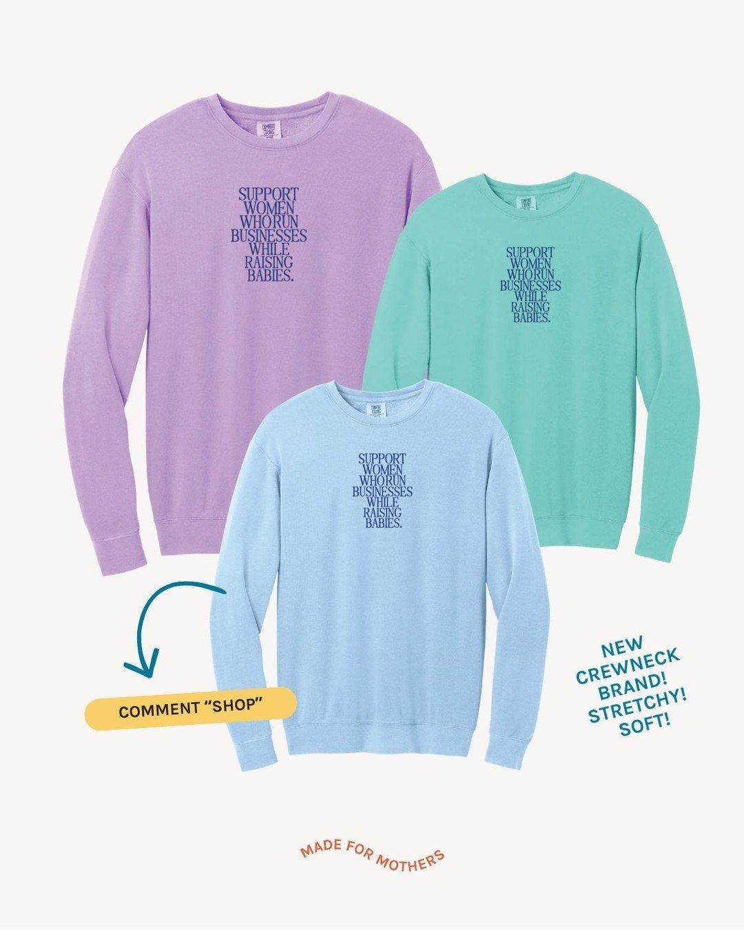A few very cute spring drops just landed in the shop. 🌼

We also switched our crewnecks to a new brand and they are softer, stretchier, cuter pastels and honestly the coziest thing you&rsquo;ll wear while running your business.

Because motherhood a