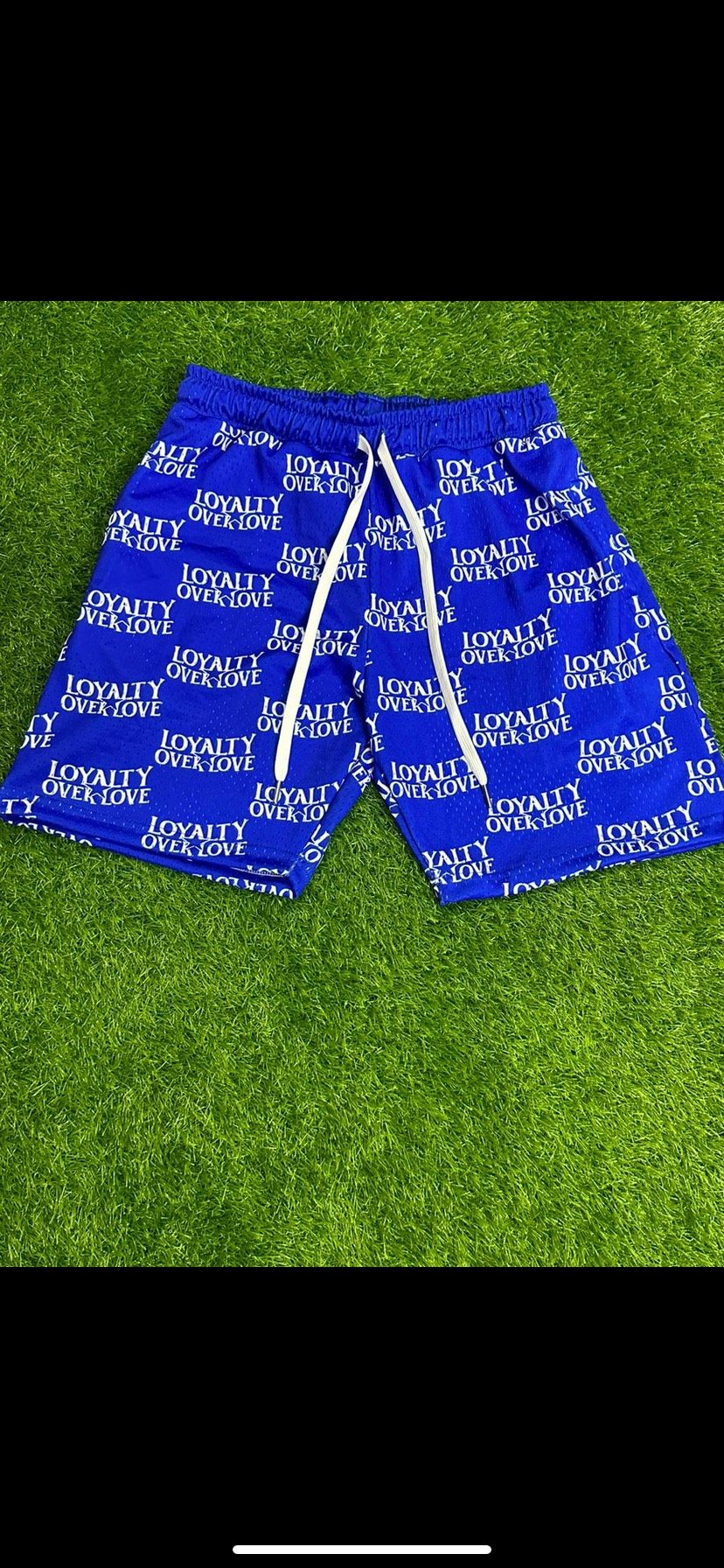 Loyalty Over Love blue mesh shorts