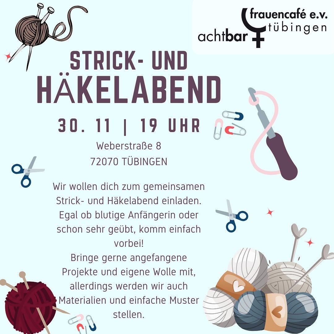 Wir wollen dich zum gemeinsamen Strick- und H&auml;kelabend einladen. Egal ob blutige Anf&auml;ngerin oder schon sehr ge&uuml;bt, komm einfach vorbei!

Bringe gerne angefangene Projekte und eigene Wolle mit, allerdings werden wir auch Materialien und