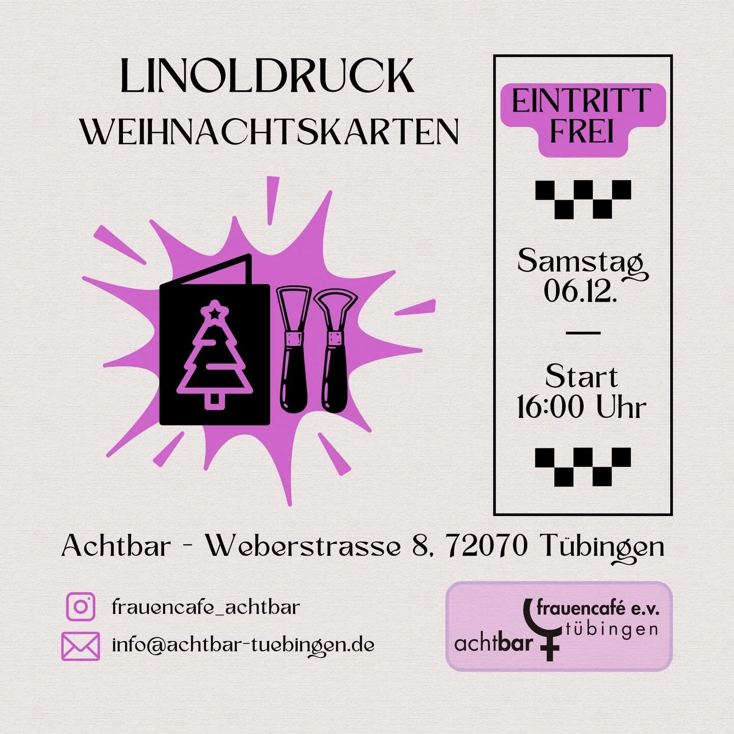 Lust auf einen kreativen Nachmittag in gem&uuml;tlicher Atmosph&auml;re? Gemeinsam gestalten wir Linoldruck-Weihnachtskarten
&ndash; schnitzen, drucken, Tee trinken, plaudern &hellip; und dabei kleine Kunstwerke f&uuml;r die Adventszeit erschaffen. ?