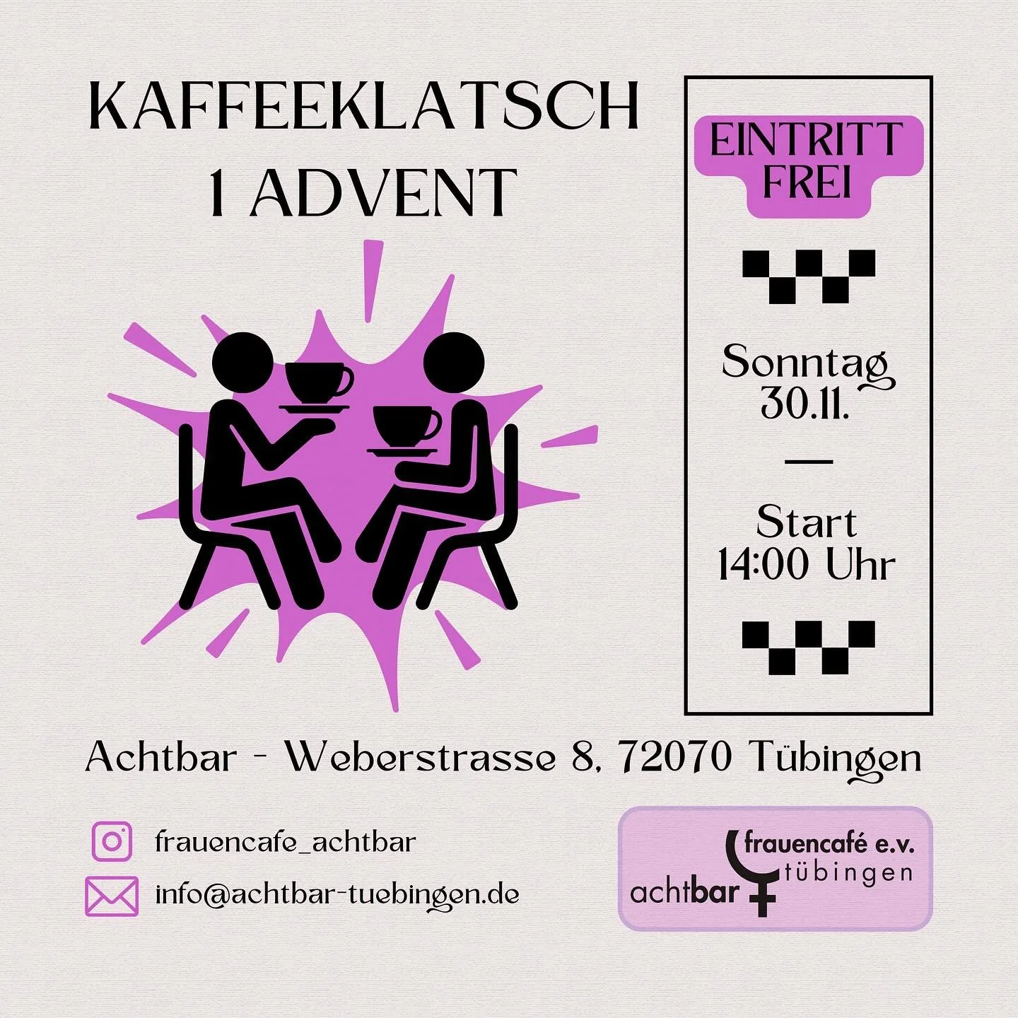 Komm zu unserem Kaffeeklatsch am 01. Advent!
Einfach in netter Gesellschaft Kaffee und etwas S&uuml;&szlig;es genie&szlig;en.
Wir sorgen f&uuml;r eine bunte Auswahl an verschiedensten Kuchen und Geb&auml;ck!🍰

📅 Wann? Samstag, 30.11. - Start um 14: