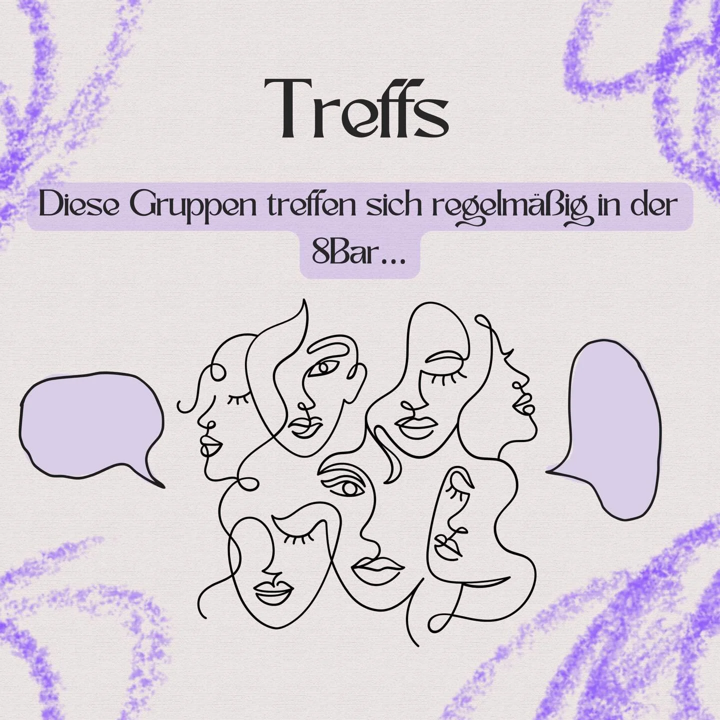 Du bist auf der Suche nach einer Frauen*gruppe, um neue Menschen kennenzulernen und dich auszutauschen?
Hier ist eine &Uuml;bersicht der Gruppen, die sich regelm&auml;&szlig;ig in der Achtbar treffen!💜