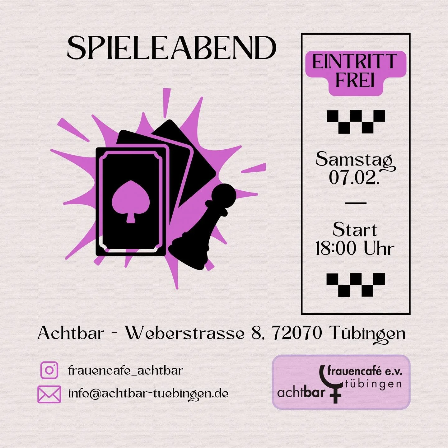 Wir wollen dich zu einem spa&szlig;igen
Spieleabend einladen. Einfach in netter Gesellschaft miteinander verschiedene Spiele spielen und abschalten.
Wir haben einige Spiele da, allerdings darfst du nat&uuml;rlich auch gerne dein Lieblingsspiel mitbri