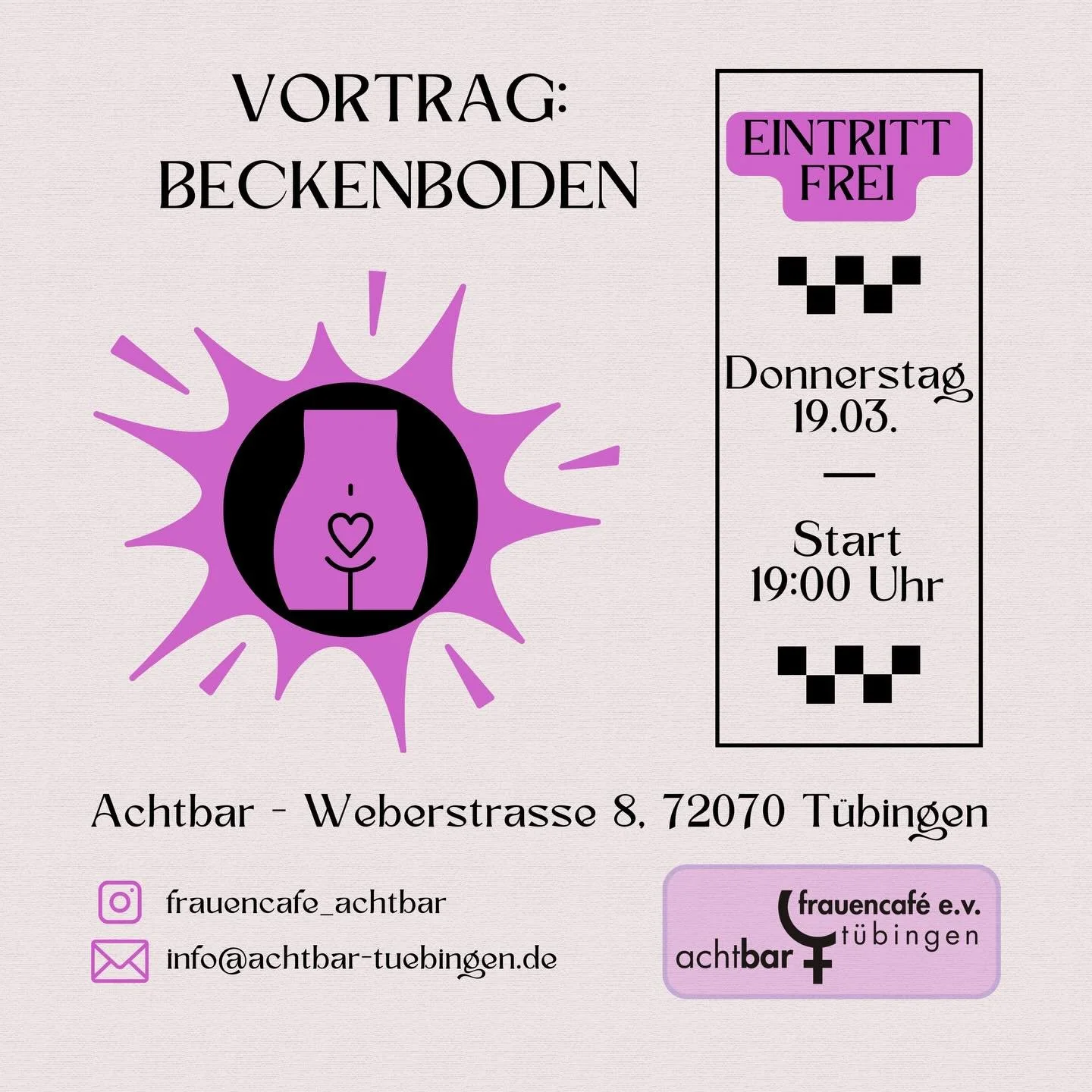 Der Beckenboden &ndash; unsere lebendige Mitte!
Rund um das kleine muskul&auml;re Wunderwerk
Vortrag mit Bettina Sch&uuml;ly, Physiotherapeutin
&nbsp;
Die Aufgaben des Beckenbodens sind vielf&auml;ltig. Er schlie&szlig;t das Becken nach unten hin, tr