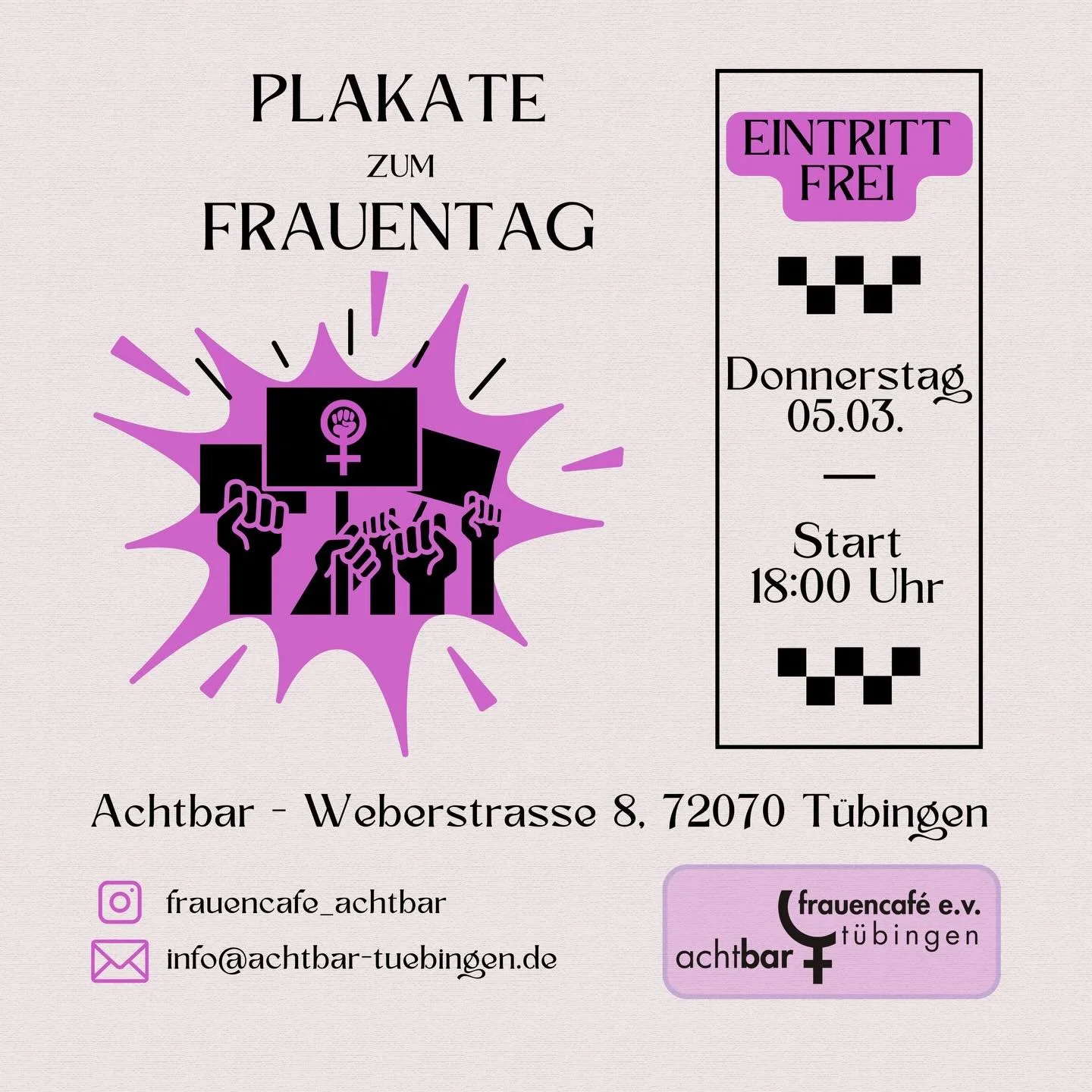 Plakate f&uuml;r den Internationalen Frauentag 2026 - Wir bringen unsere Forderungen zum Internationalen Frauentag k&auml;mpferisch, kreativ und solidarisch zum Ausdruck.✊
Wir nehmen die fertigen Plakate am 7. M&auml;rz mit zum Marktspektakel, am 8. 