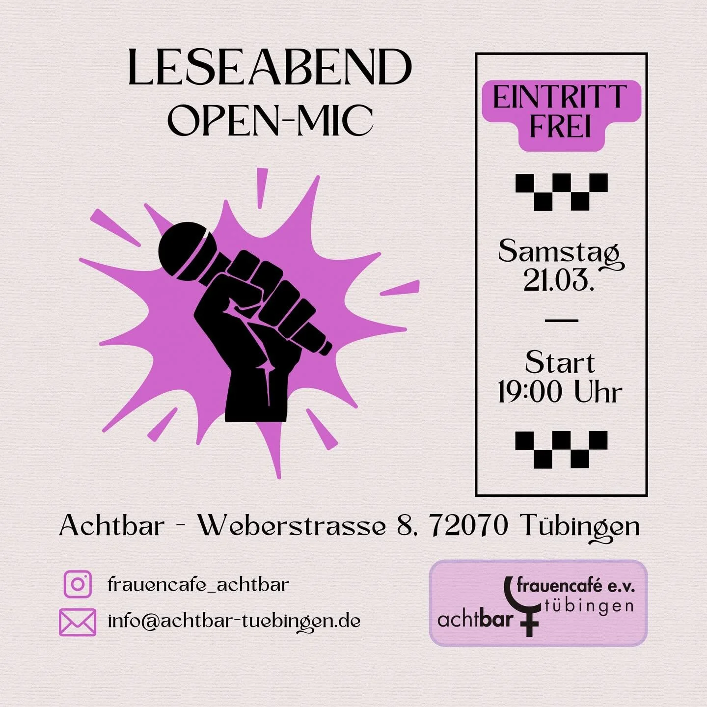 Frauen* lesen Texte von Frauen* f&uuml;r Frauen*
&nbsp;
Wir werden uns gegenseitig vorlesen und unsere liebsten Texte von Frauen* miteinander teilen. Bringe etwas mit, ob Lieblingsbuch oder Selbstgeschriebenes, ob Poetry oder klassisches Gedicht, pol